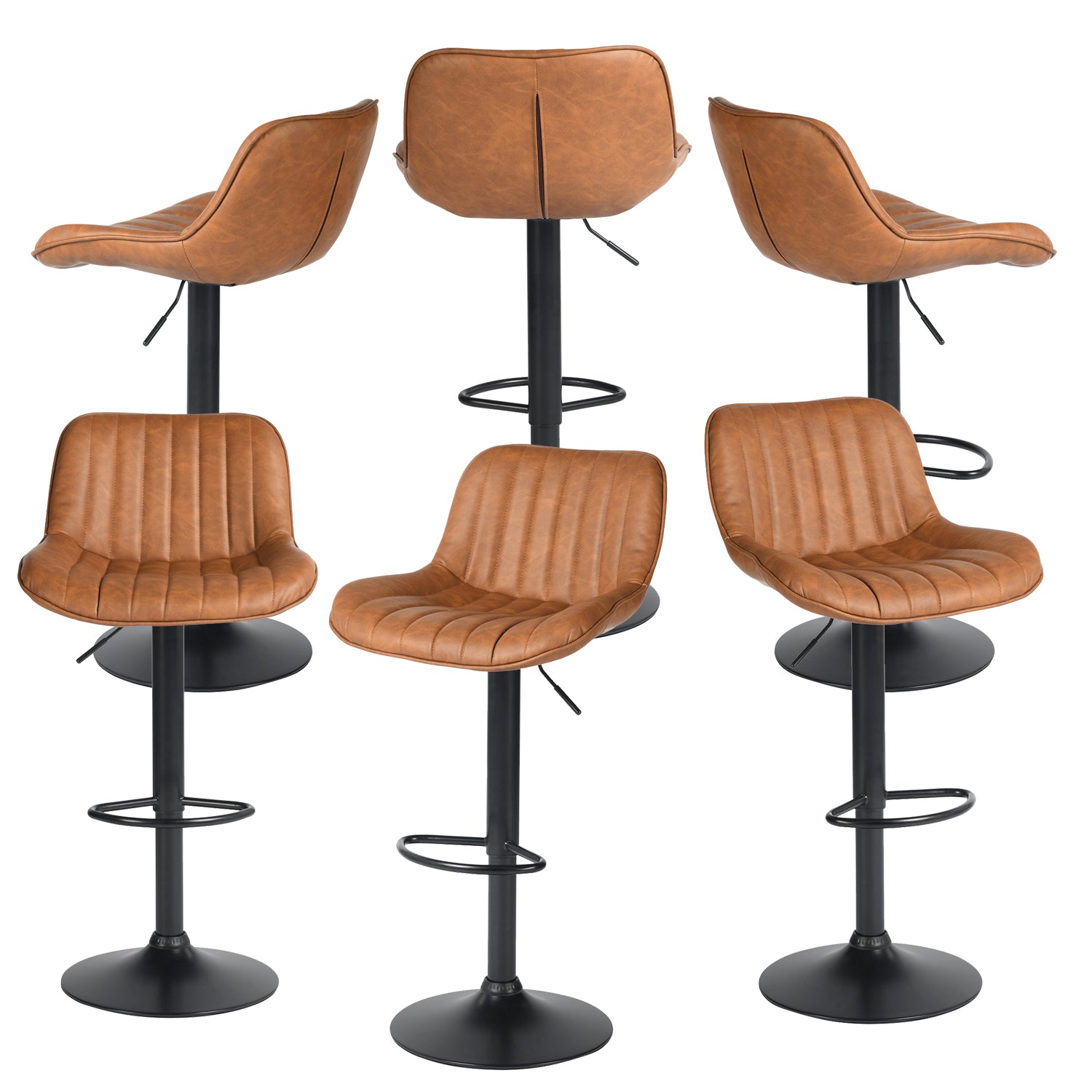 Lot de 6 tabourets de bar pivotants 360° réglables en hauteur, similicuir PU Marron Vintage avec dossier et repose-pieds, base en métal noir  - TACELS BROWN 6PCS