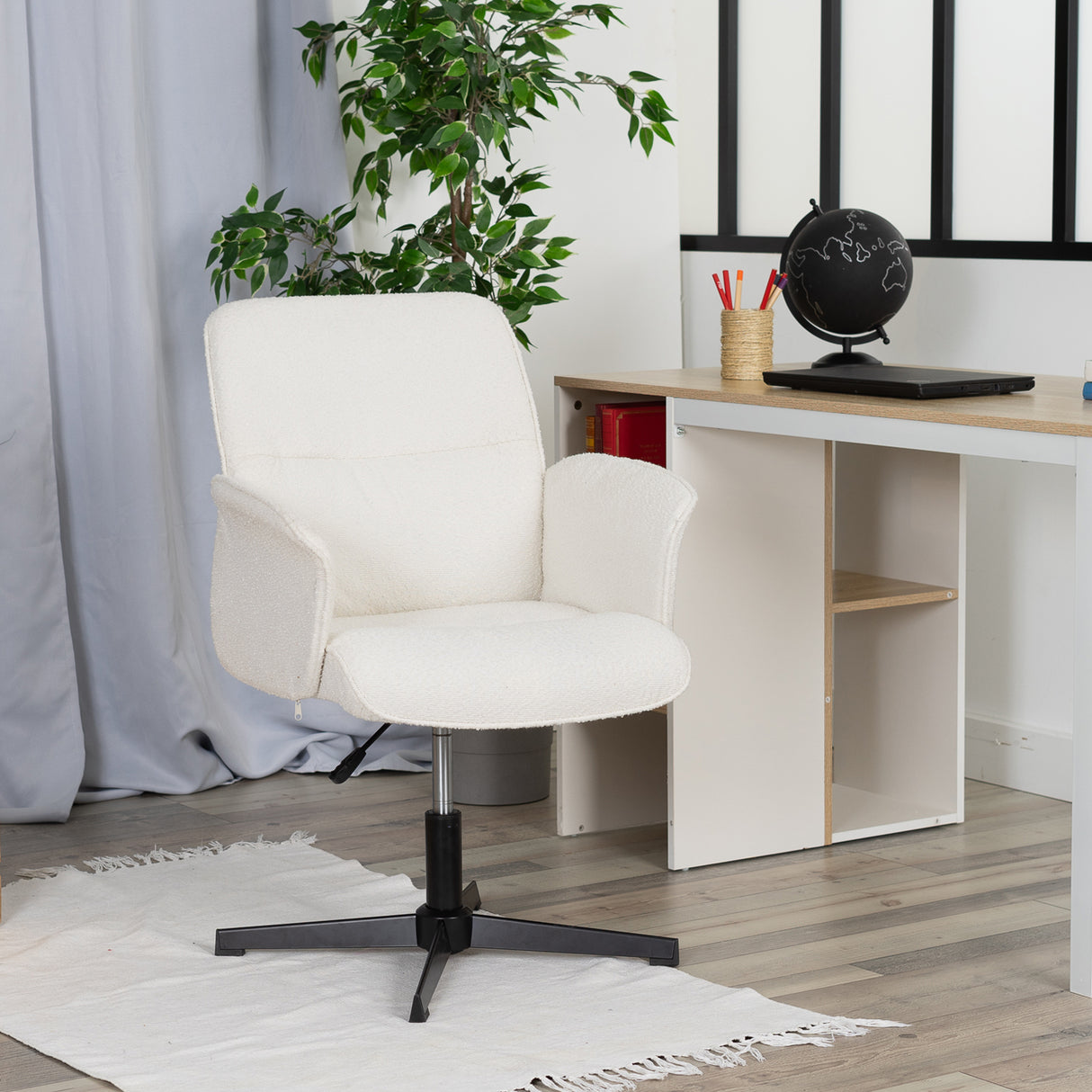 Fauteuil de bureau ergonomique pivotante en tissu bouclette blanc, hauteur réglable - THOMASINA