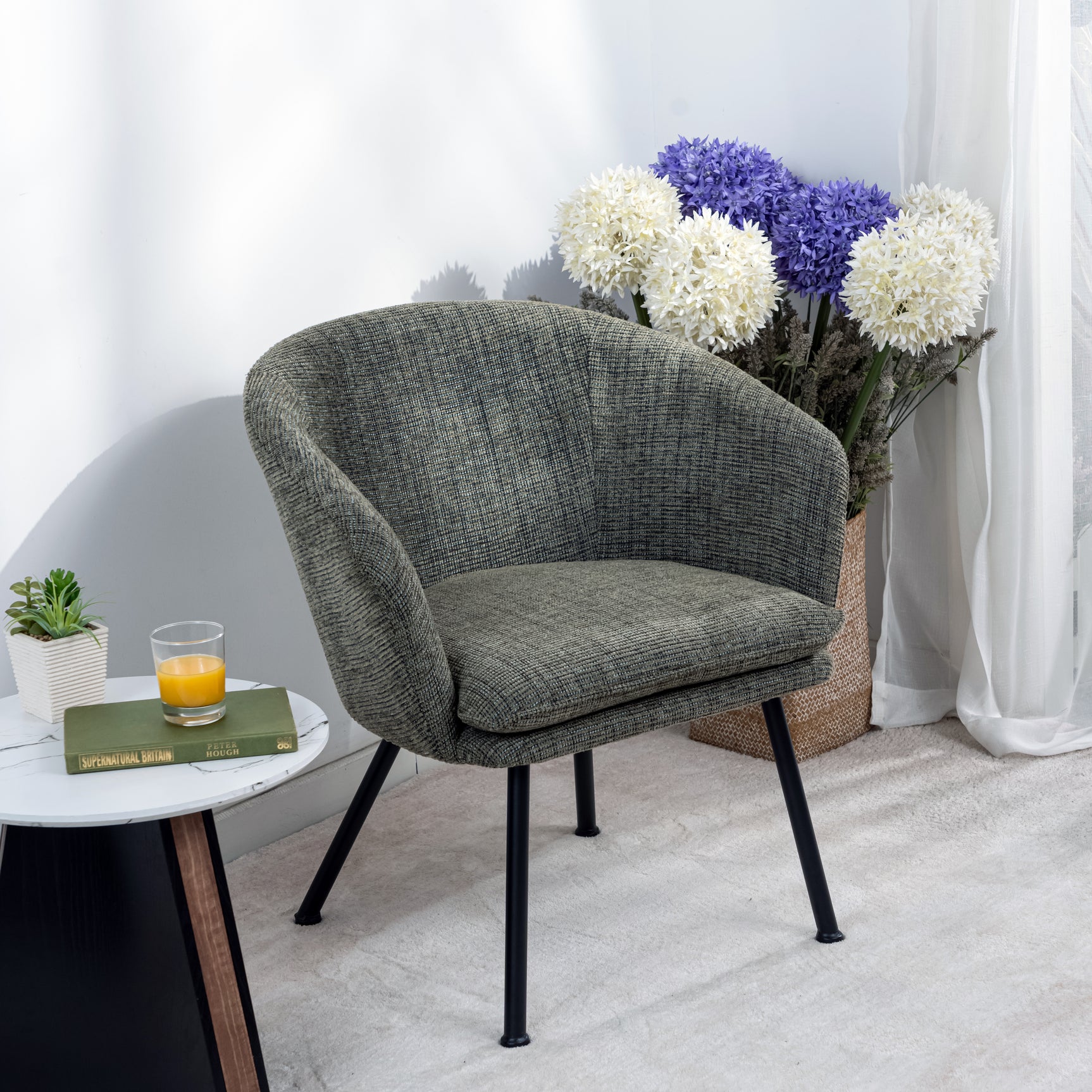 Fauteuil de détente Contemporain en tissu vert foncé, structure robuste en métal noir - DIXIER FABRIC DARK GREEN