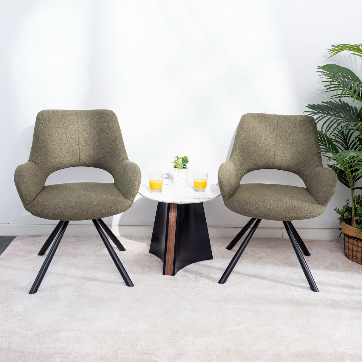 Lot de 4 chaises de salle à manger contemporaines en tissu vert barrel, pieds en métal noir - BETH FABRIC GREEN 4PCS