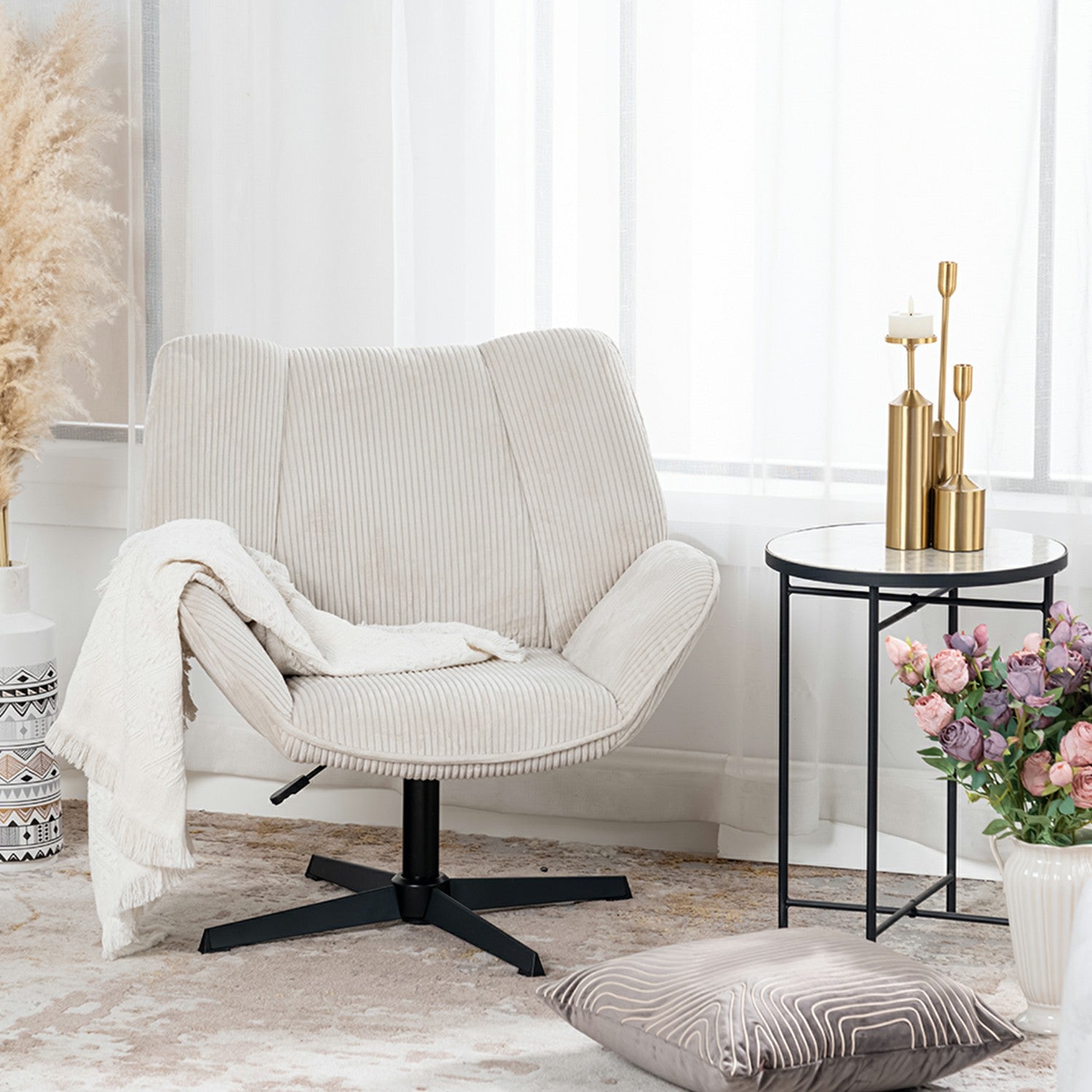 Fauteuil de loisirs réglable pivotant avec accoudoirs en velours côtelé beige - DUROTHIL