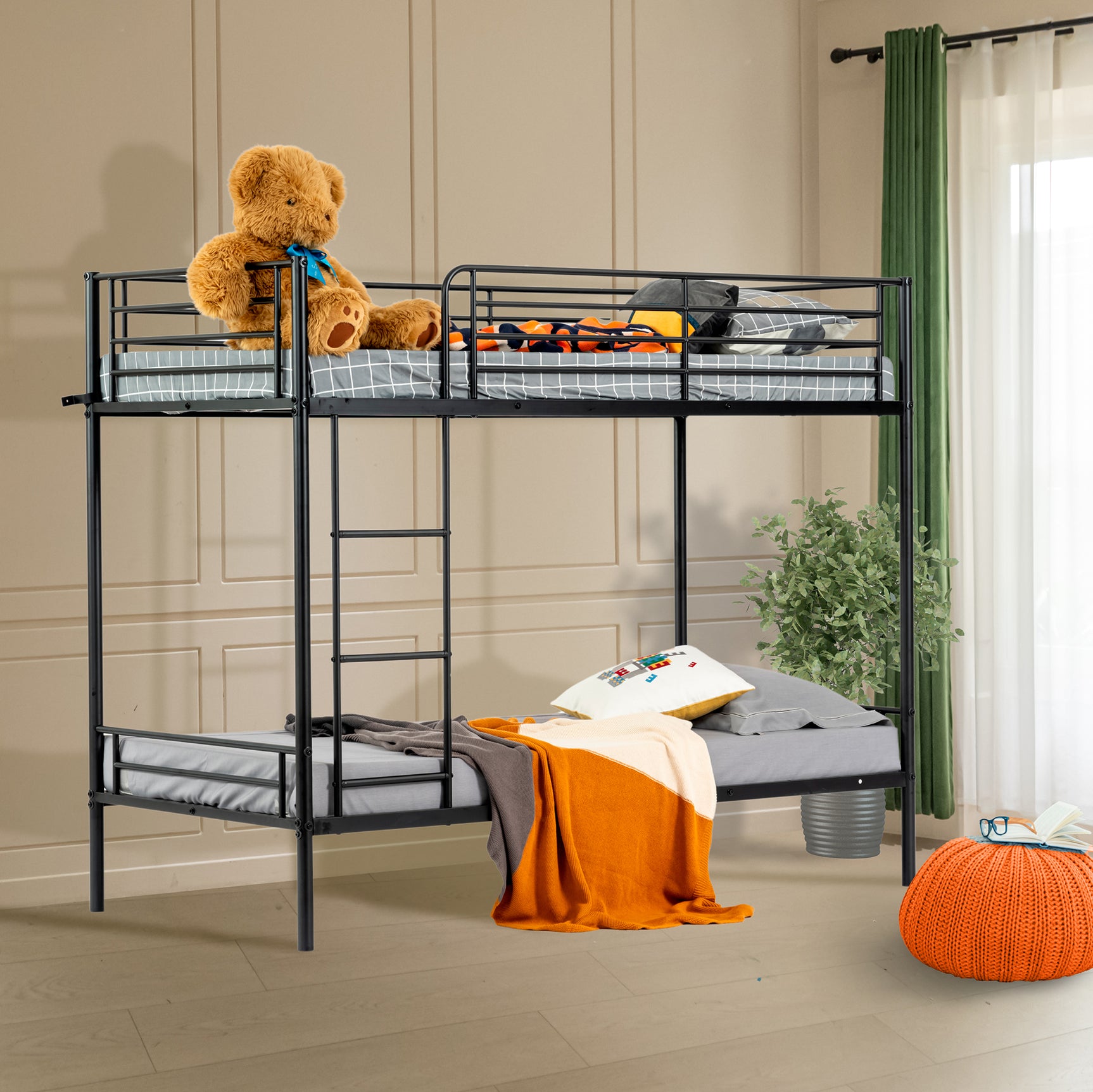 2-seater, 2-story bunk bed in black metal with ladder 90x190cm (mattress not included) - TWIN