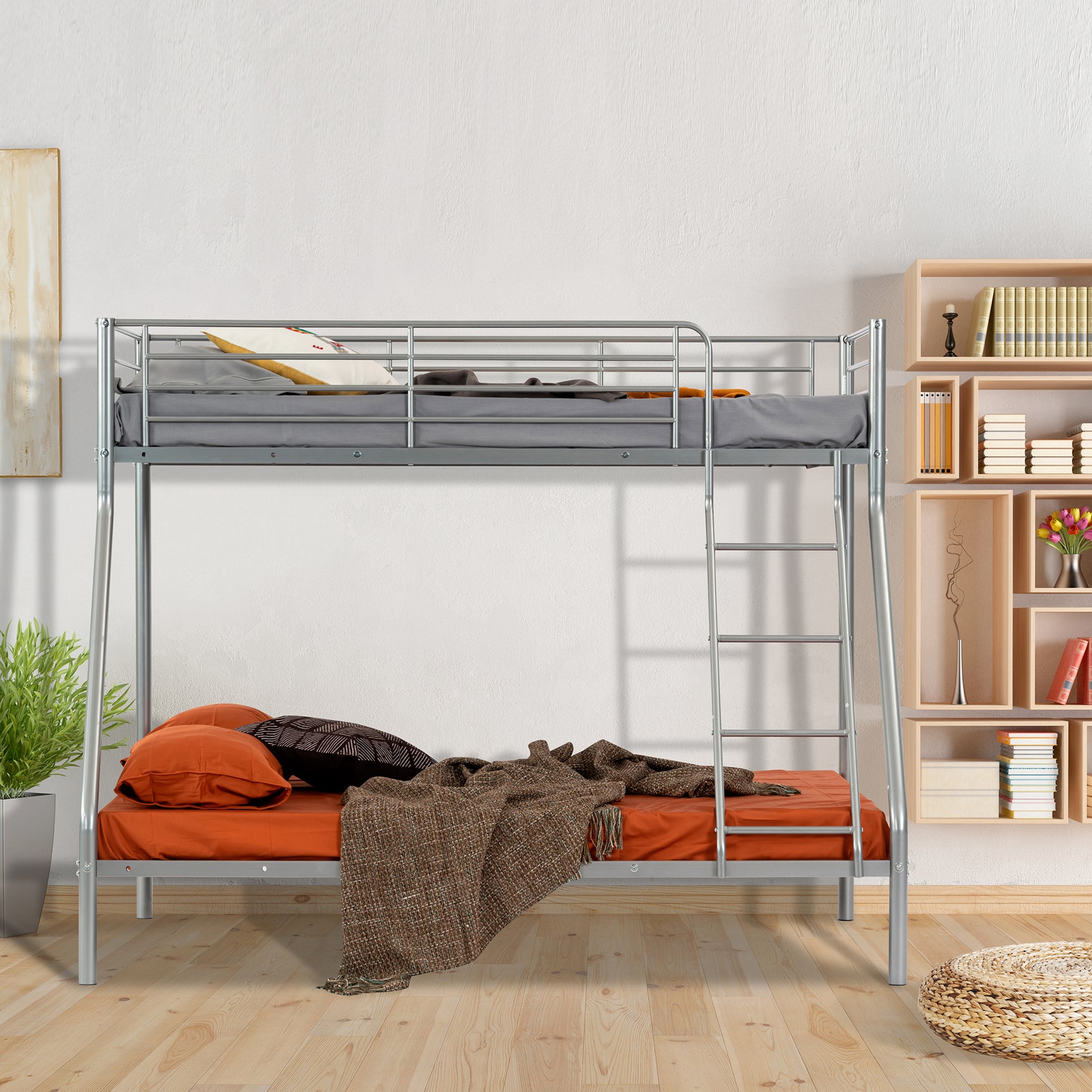 3-seater, 2-story bunk bed in silver metal with ladder 140x190cm and 90x190cm (mattress not included) - JAZZ