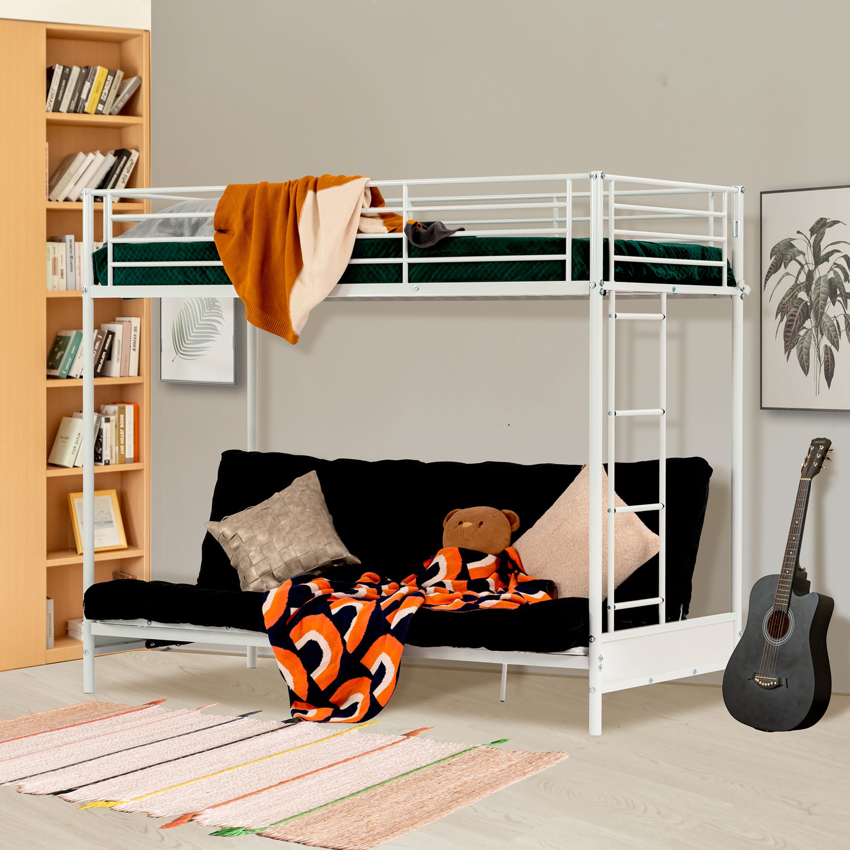 90x190cm bunk bed with convertible sofa bench and white metal slatted base (mattress not included) - LIBERTY