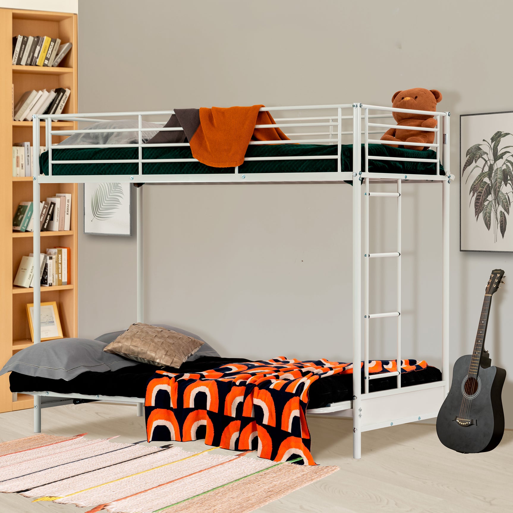 90x190cm bunk bed with convertible sofa bench and white metal slatted base (mattress not included) - LIBERTY