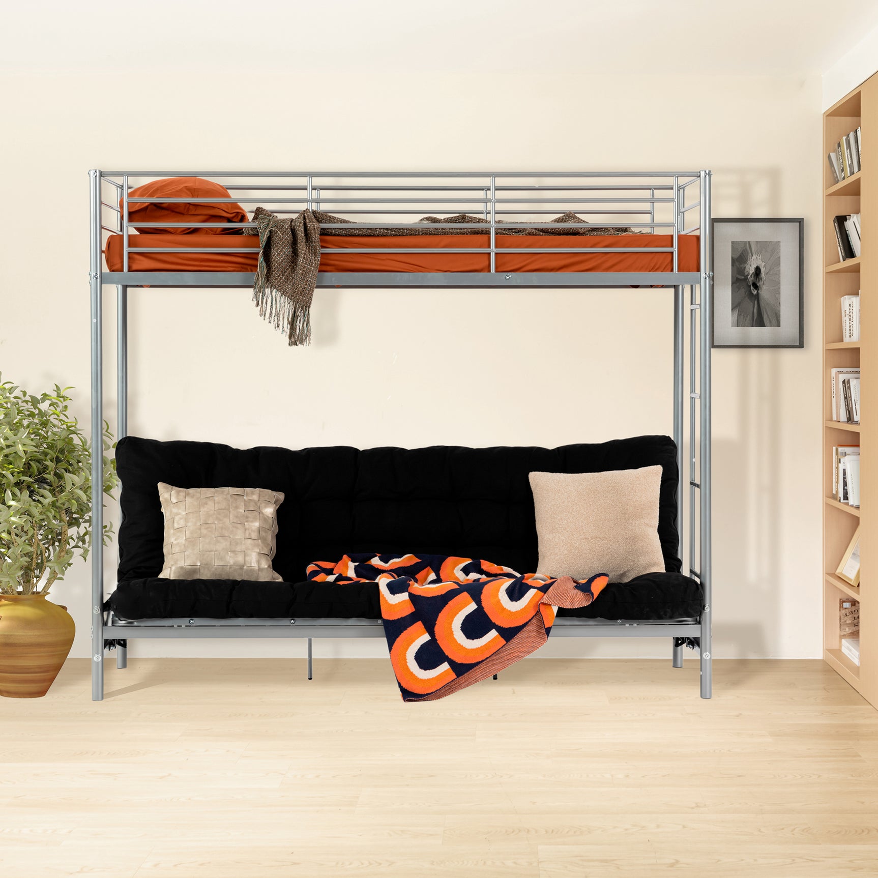 Ensemble lit superposé 90x190cm avec banquette convertible en métal argenté, et matelas futon pliable 2 places - LIBERTY N MICA