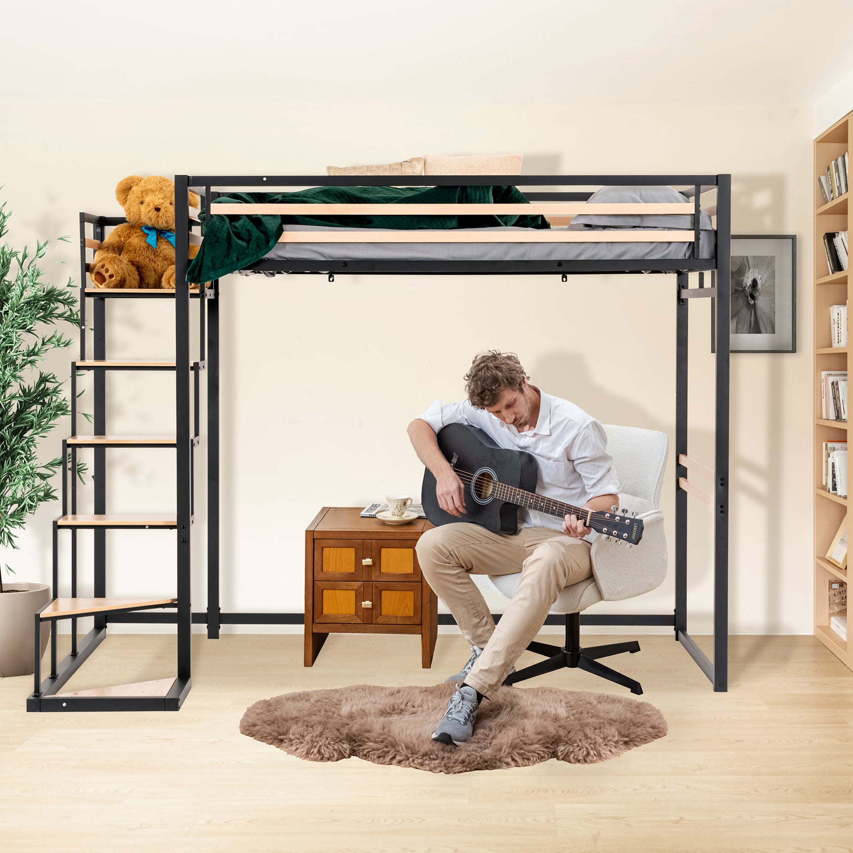 2-Sitzer-Mezzanine-Bett (140 x 200) mit Lattenrost im Industriestil aus Schwarz und Holz (Matratze nicht im Lieferumfang enthalten) – UP