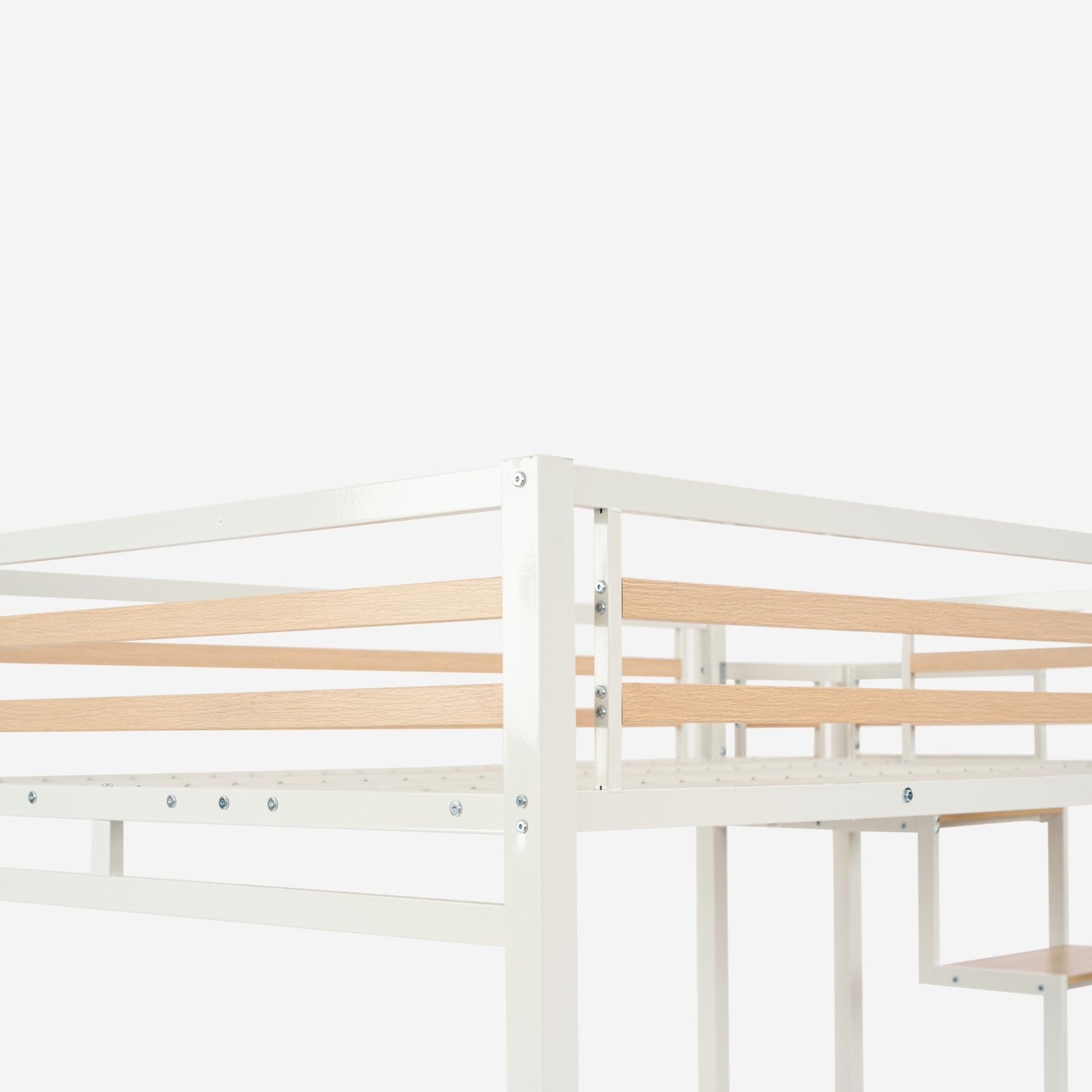 2-seater mezzanine bed (140x200) with white and wood industrial style slatted base (mattress not included) - UP