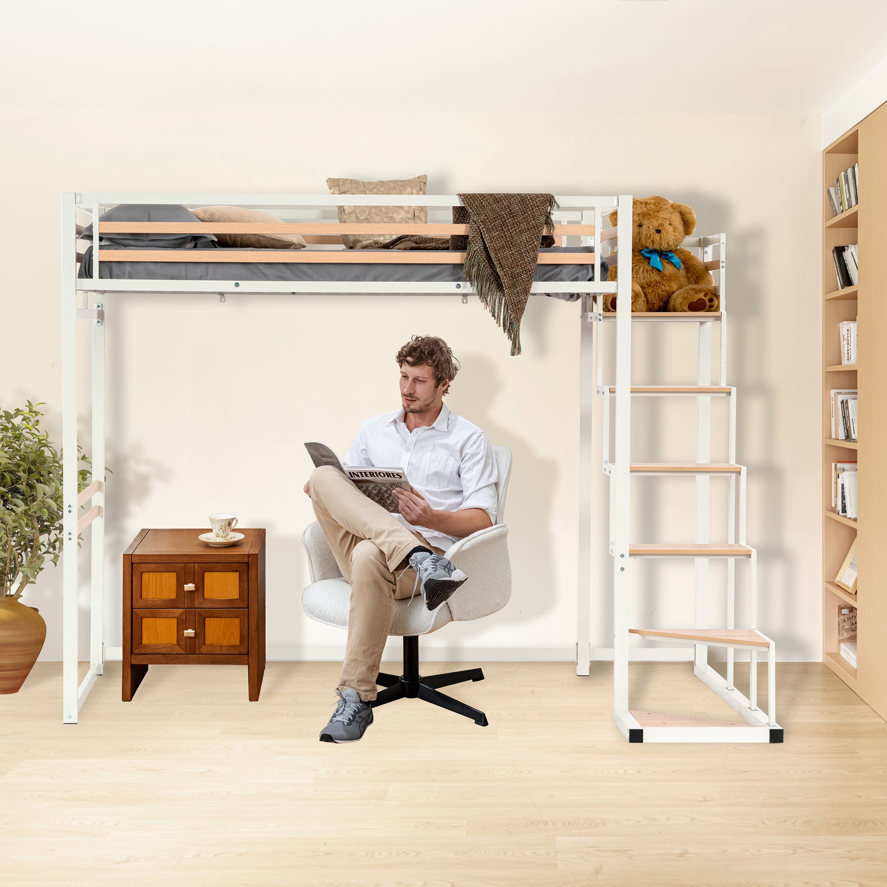 2-Sitzer-Mezzanine-Bett (140 x 200) mit Lattenrost im Industriestil in Weiß und Holz (Matratze nicht im Lieferumfang enthalten) – UP