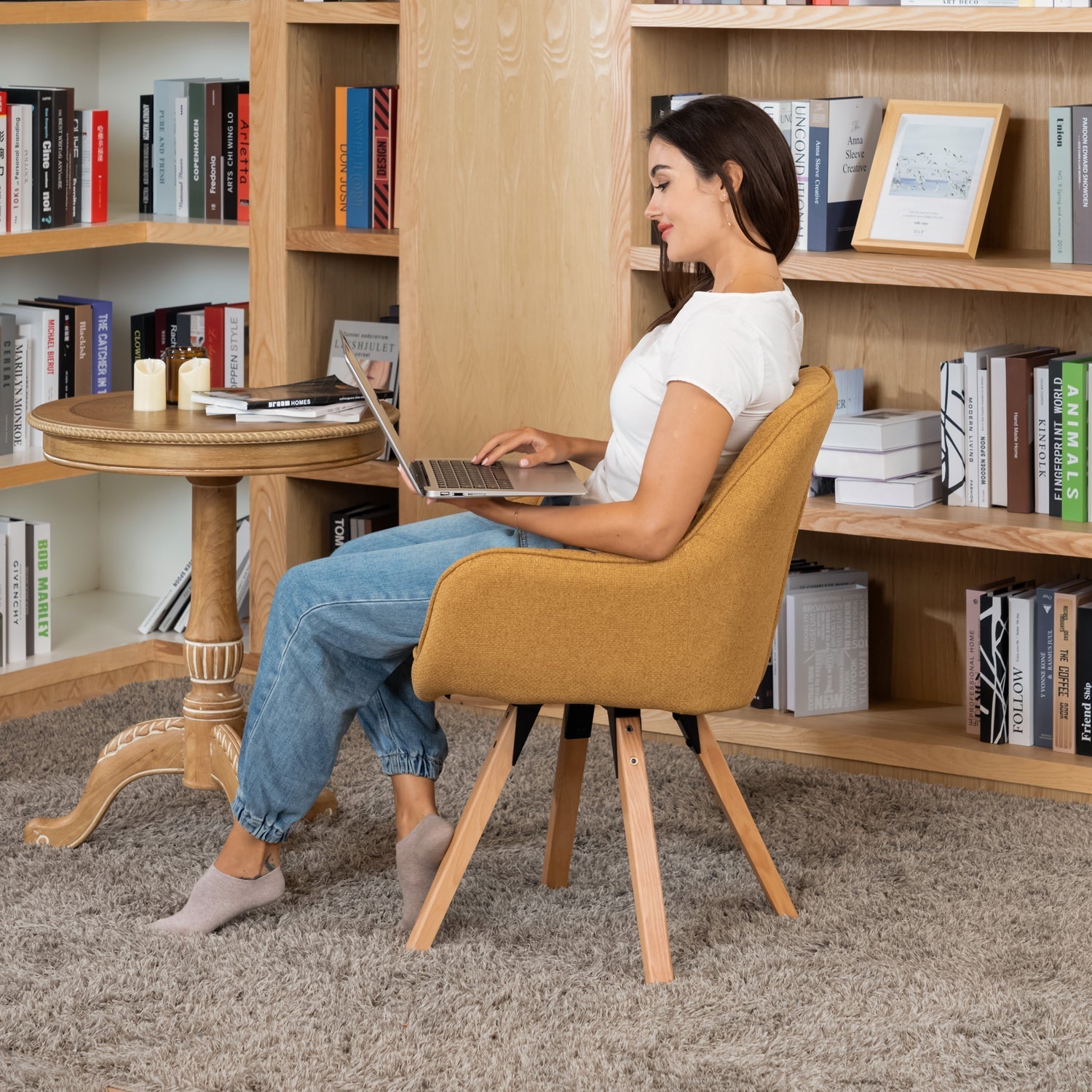 Chaise de salle à manger confortables en tissu jaune pivotantes 360° - CARSON FABRIC YELLOW