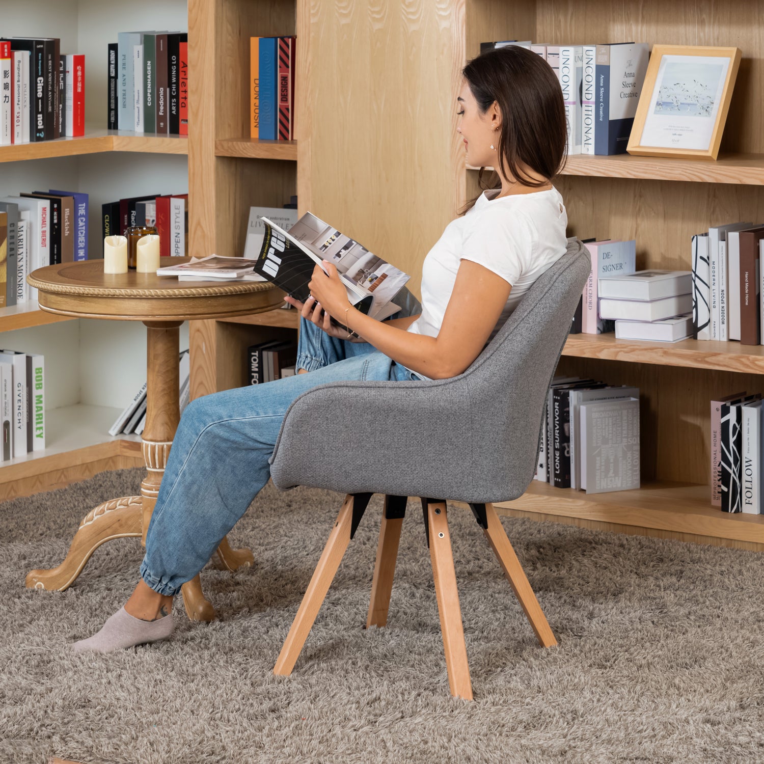 Chaise de salle à manger confortables en tissu gris pivotantes 360° - CARSON FABRIC GREY