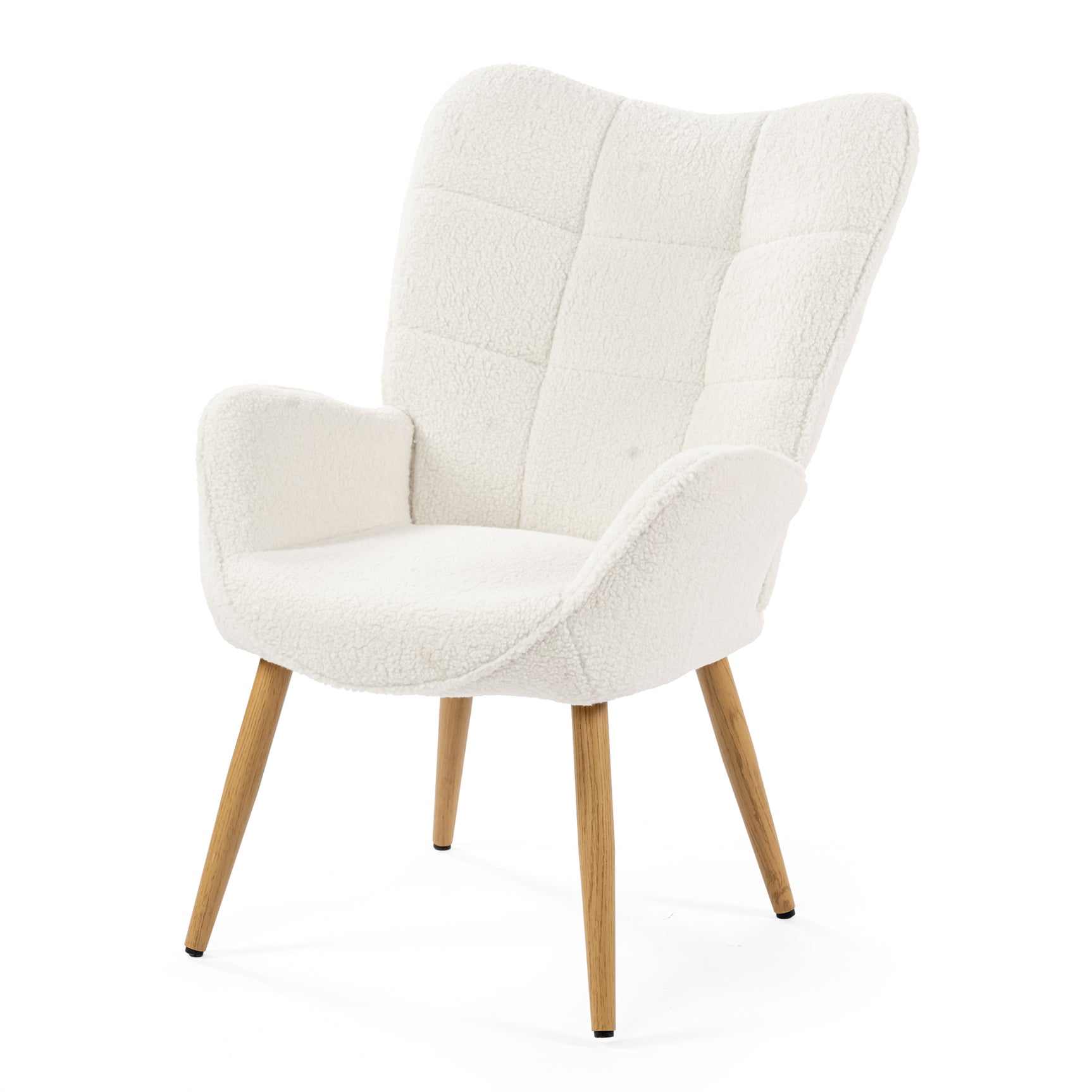 Poltrona scandinava con braccioli in tessuto di pelle di pecora beige con cuciture - KANAS