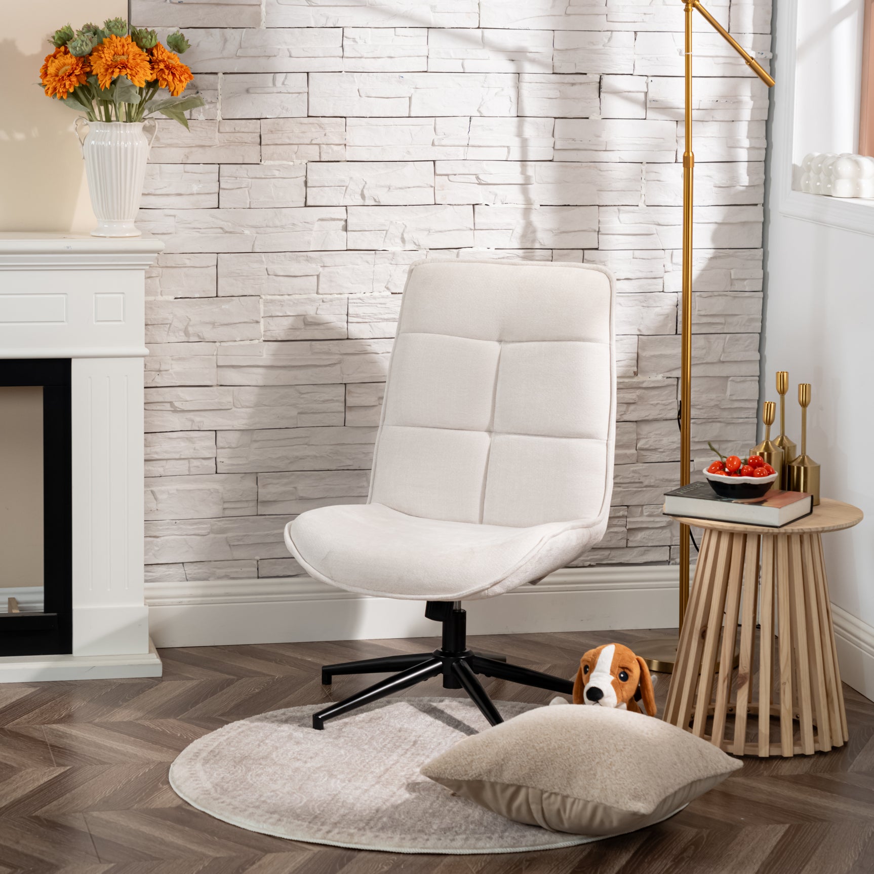 Fauteuil de loisirs réglable en tissu chenille beige pivotant à 360° - CHARLOTTE