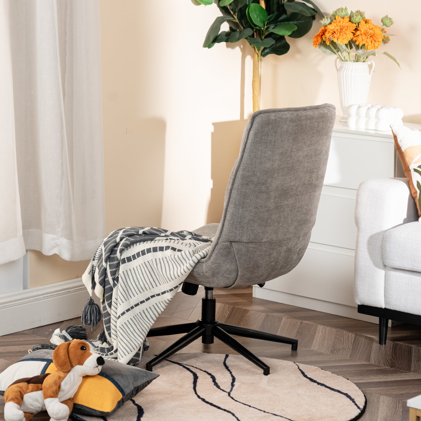 Fauteuil de loisirs réglable en tissu chenille gris pivotant à 360° - CHARLOTTE