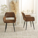 Set of 2 retro vintage dining room chairs with armrests and suede padded seat, black metal legs - CROMWELL BROWN