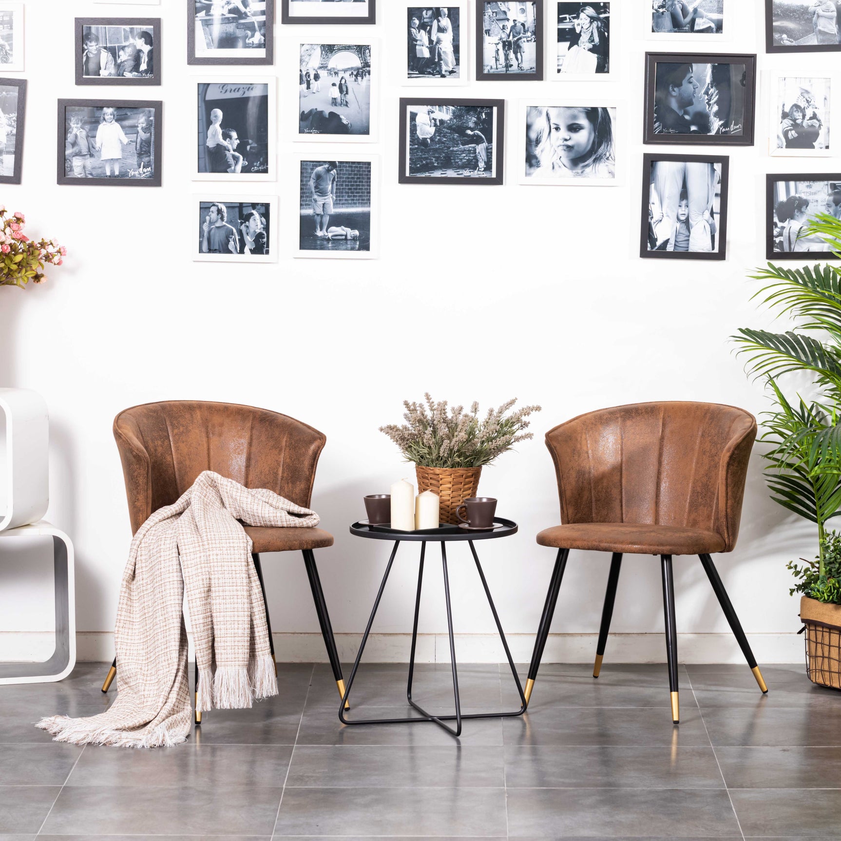 Set of 2 retro suede dining room chairs, black and gold metal legs, DONCIC SUEDE BROWN BG