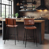 Set of 2 industrial bar stools with back in brown oiled leather - POMONA BAR