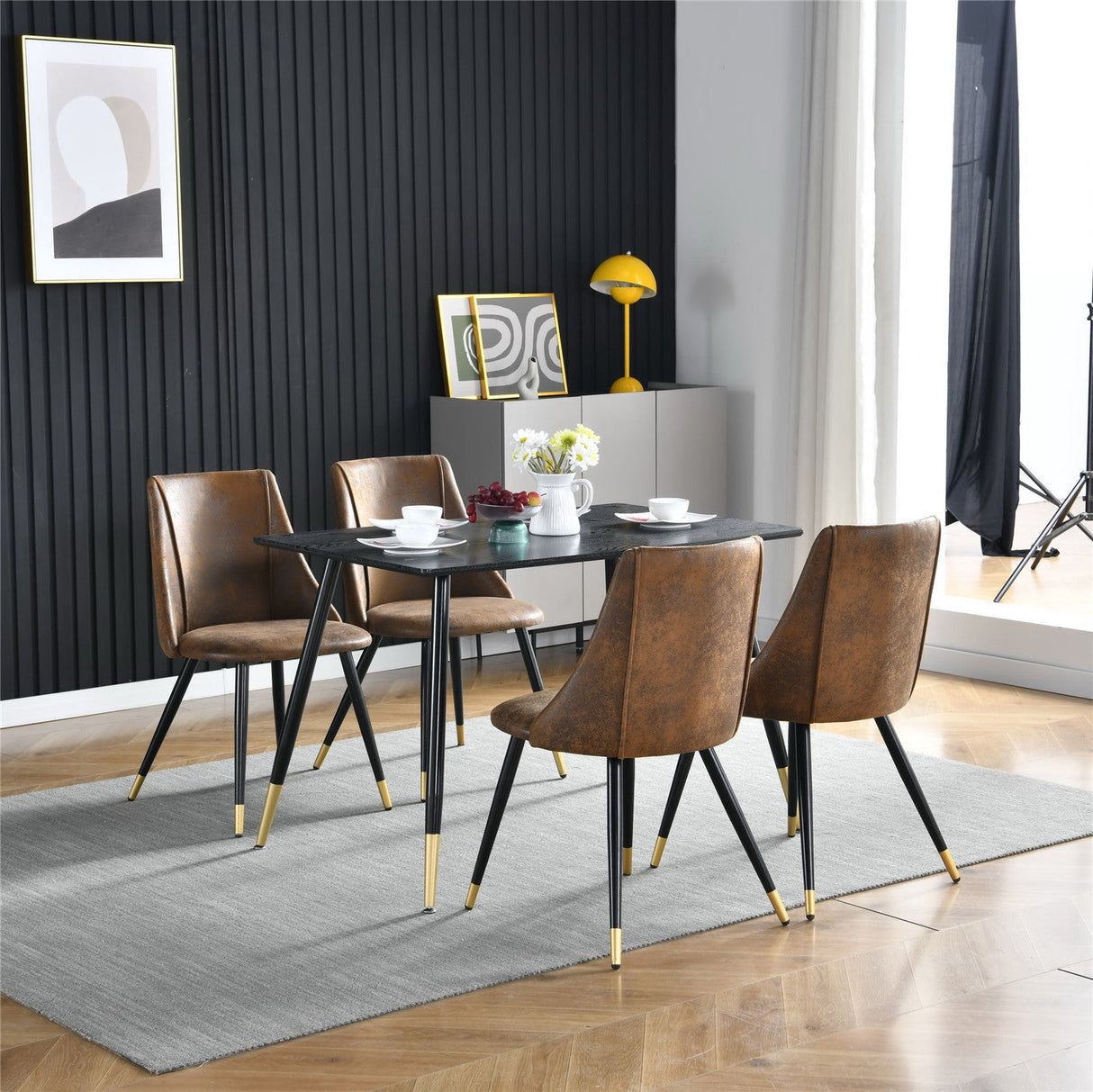 Set di 4 sedie da pranzo in pelle scamosciata, gambe in metallo nero e oro, SMEG SUEDE BROWN BG 4PCS