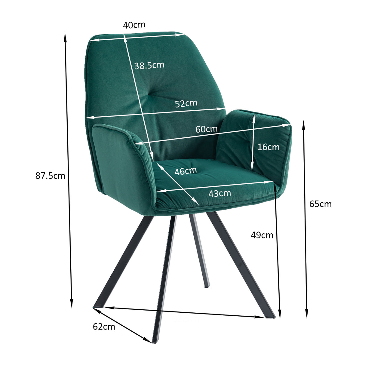 Set of 2 comfortable dining room chairs in green fabric with armrests - CALF GREEN