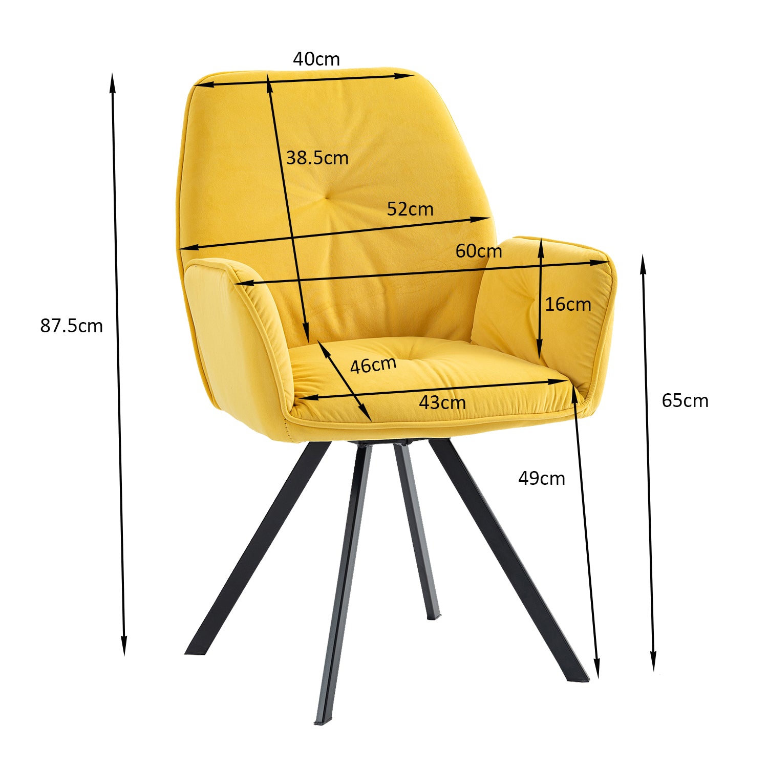 Set of 2 comfortable yellow fabric dining chairs with armrests - CALF YELLOW