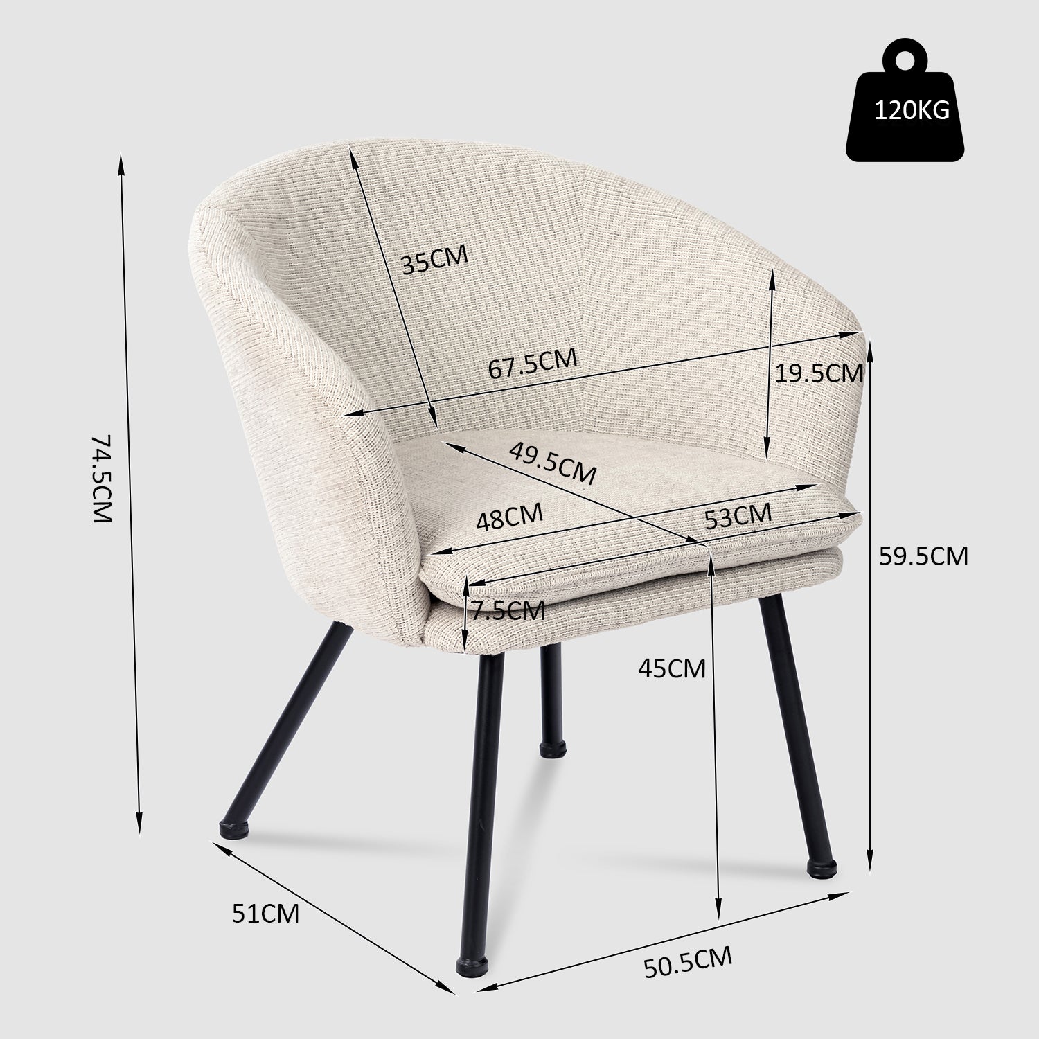 Fauteuil de détente Contemporain en tissu beige, structure robuste en métal noir - DIXIER FABRIC BEIGE