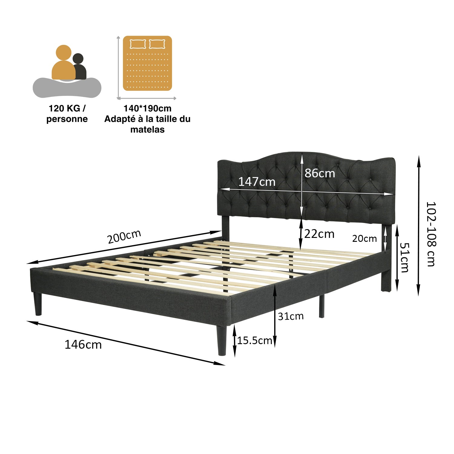 Double bed (140 x 190cm) with padded headboard in gray fabric, poplar slatted base (mattress not included) - LEON 140 GRAY