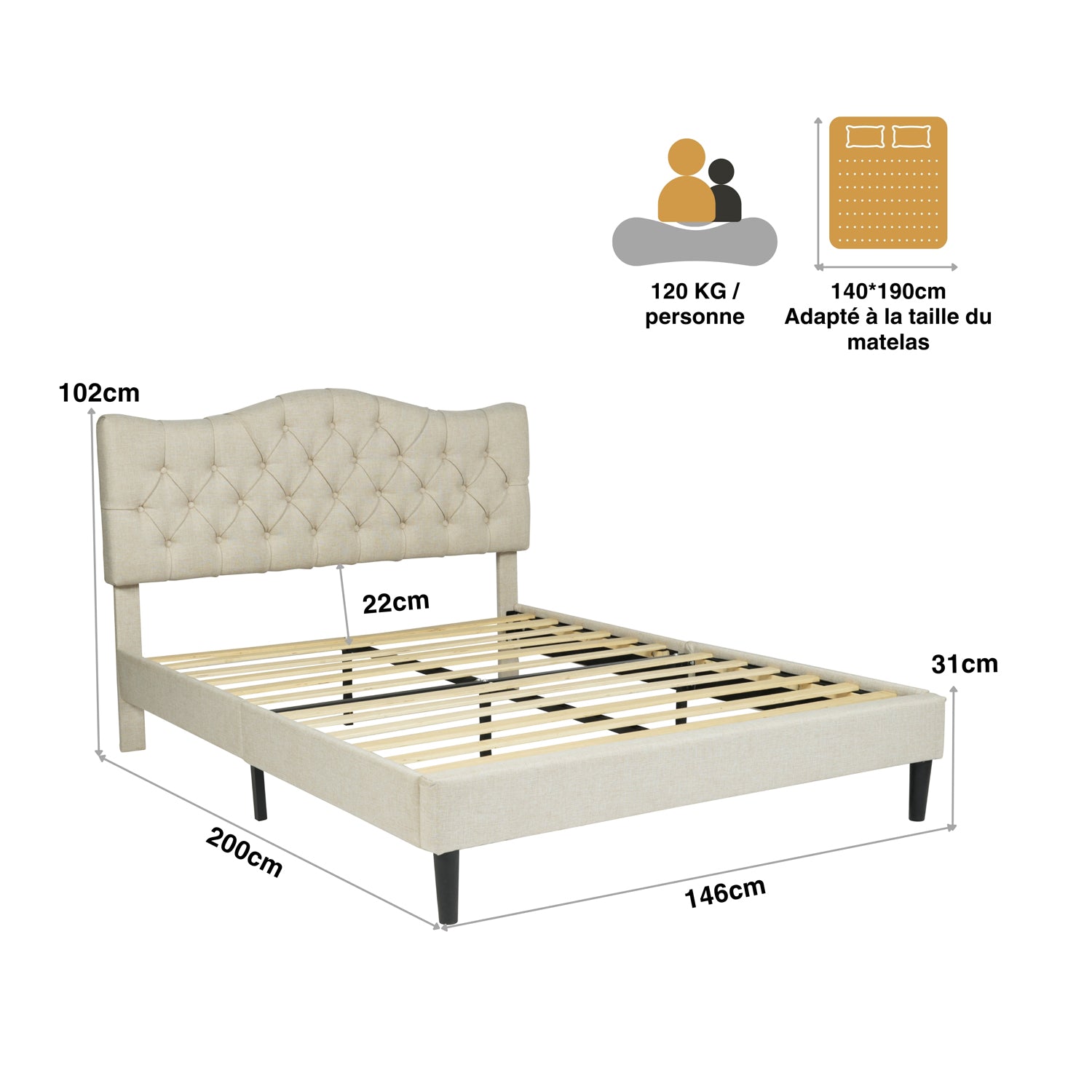 Lit double 2 places (140 x 190cm) avec tête de lit capitonnée en tissu beige, sommier à lattes en peuplier, (matelas non inclus) - LEON 140 BEIGE