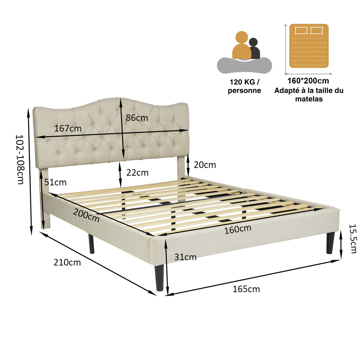 Letto matrimoniale per 2 persone (160 x 200 cm) con testiera imbottita in tessuto beige, rete a doghe di pioppo (materasso non incluso) - LEON 160 BEIGE