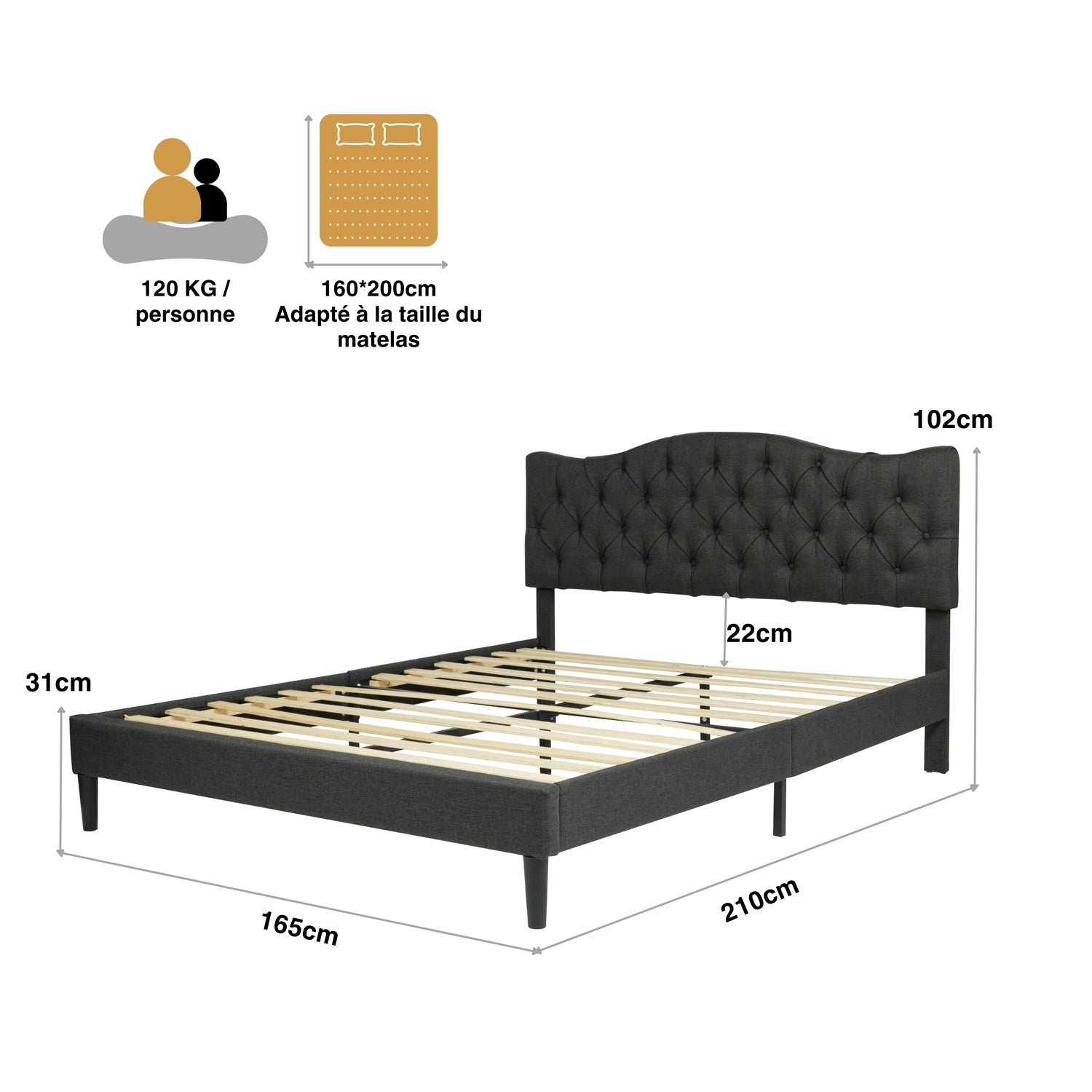 Doppelbett (160 x 200 cm) mit gepolstertem Kopfteil aus grauem Stoff, Lattenrost aus Pappelholz (Matratze nicht im Lieferumfang enthalten) – LEON 160 GRAU