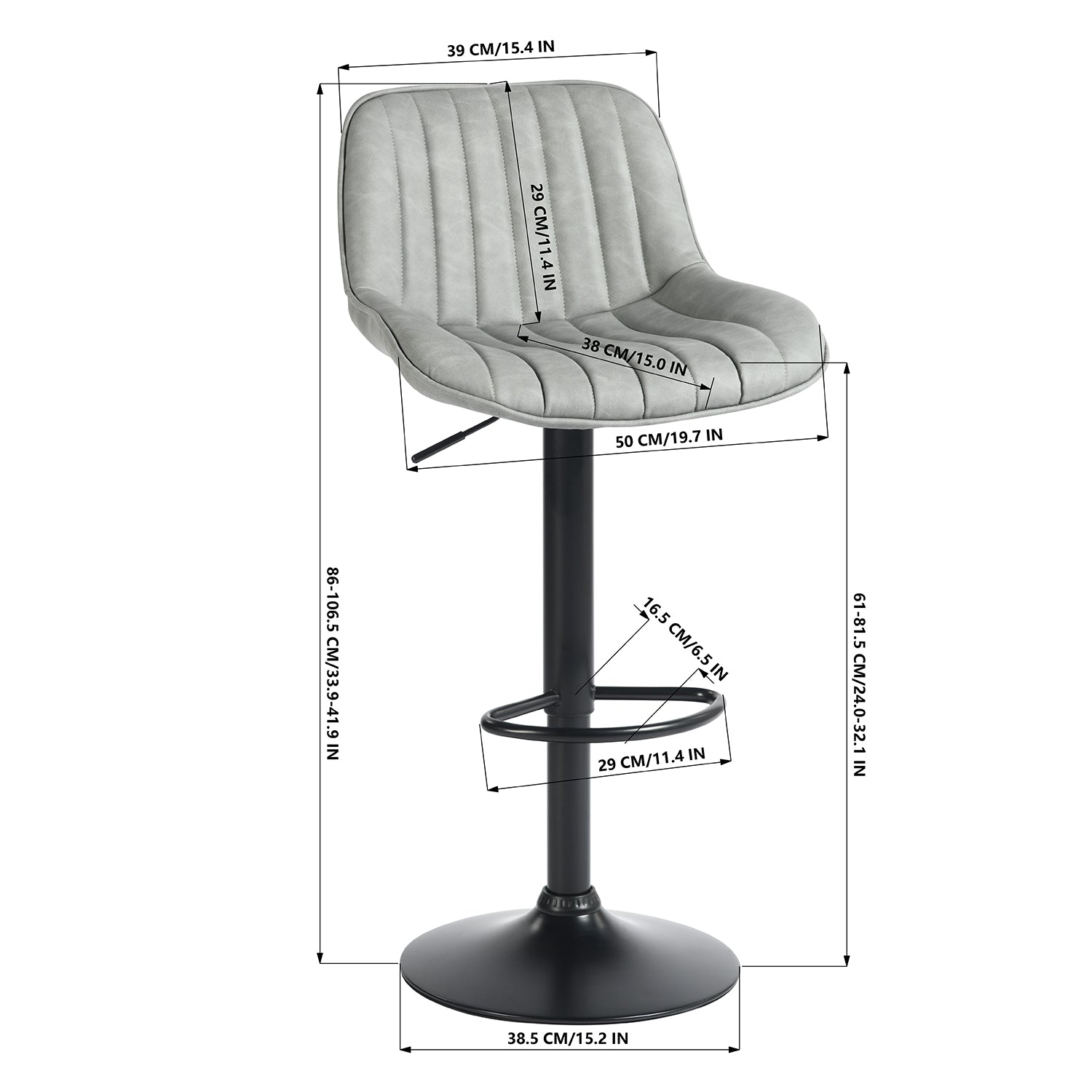 Juego de 4 Taburetes de Bar Giratorios con Altura Ajustable 360°, Cuero Sintético de PU Gris Vintage con Respaldo y Reposapiés, Base de Metal Negro - TACELS GREY 4PCS