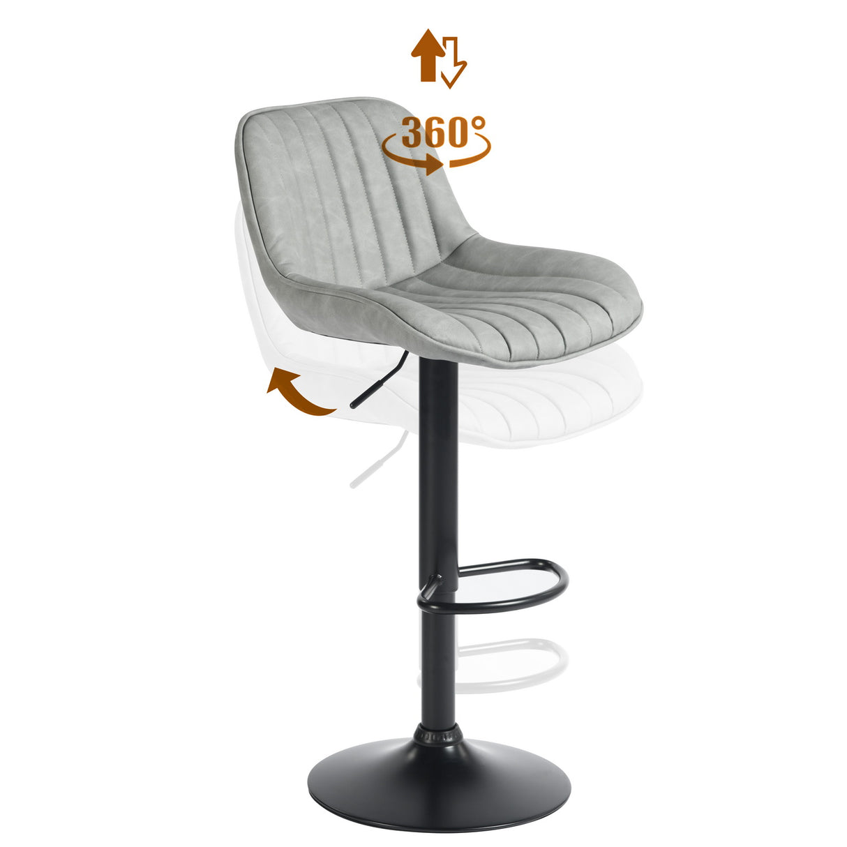 Lot de 6 tabourets de bar pivotants 360° réglables en hauteur, similicuir PU gris vintage avec dossier et repose-pieds, base en métal noir  - TACELS GREY 6PCS