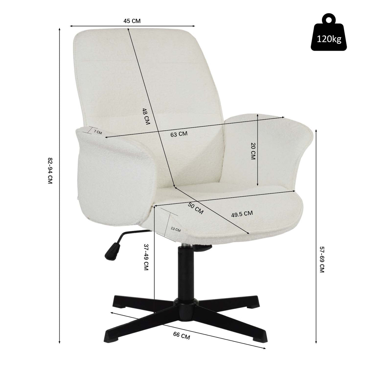 Fauteuil de bureau ergonomique pivotante en tissu bouclette blanc, hauteur réglable - THOMASINA