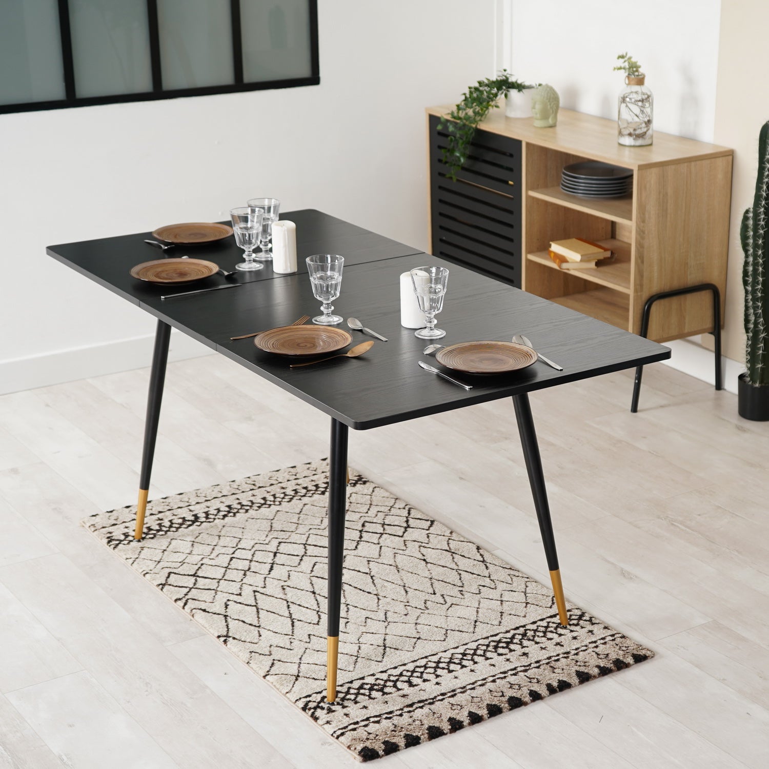 Retro industrial style dining room table, extendable in black MDF wood for 4 to 6 people, black and gold metal legs, WHALEN DARK WOOD STRETCH TABLE BG