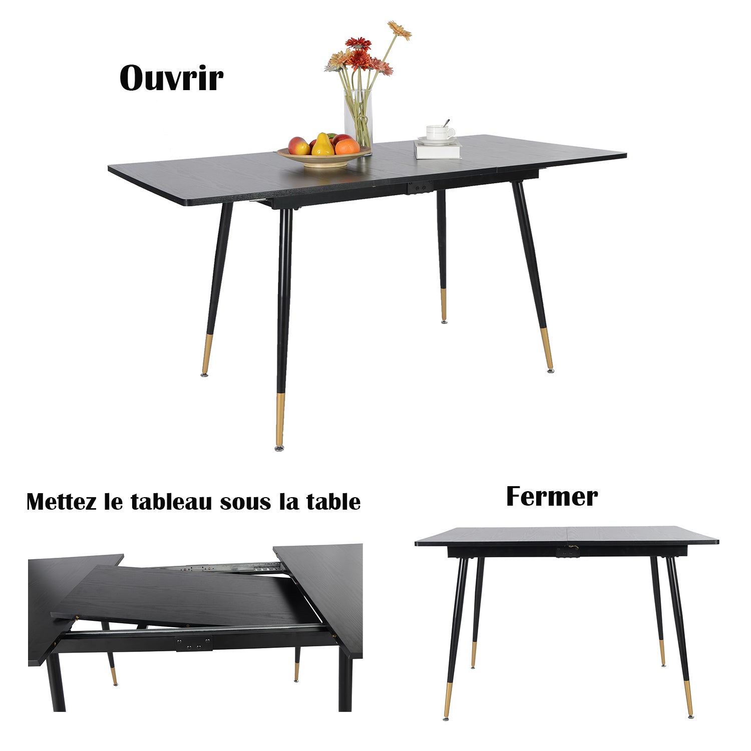 Retro industrial style dining room table, extendable in black MDF wood for 4 to 6 people, black and gold metal legs, WHALEN DARK WOOD STRETCH TABLE BG