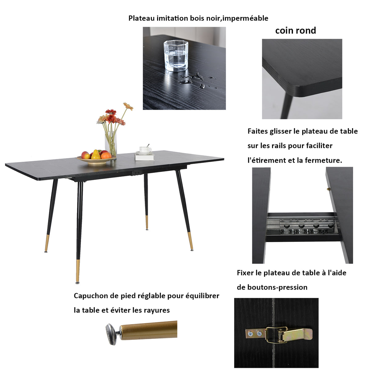 Table de salle à manger rétro style industriel, extensible en bois MDF noir pour 4 à 6 personnes, pieds en métal noir et doré, WHALEN DARK WOOD STRETCH TABLE BG