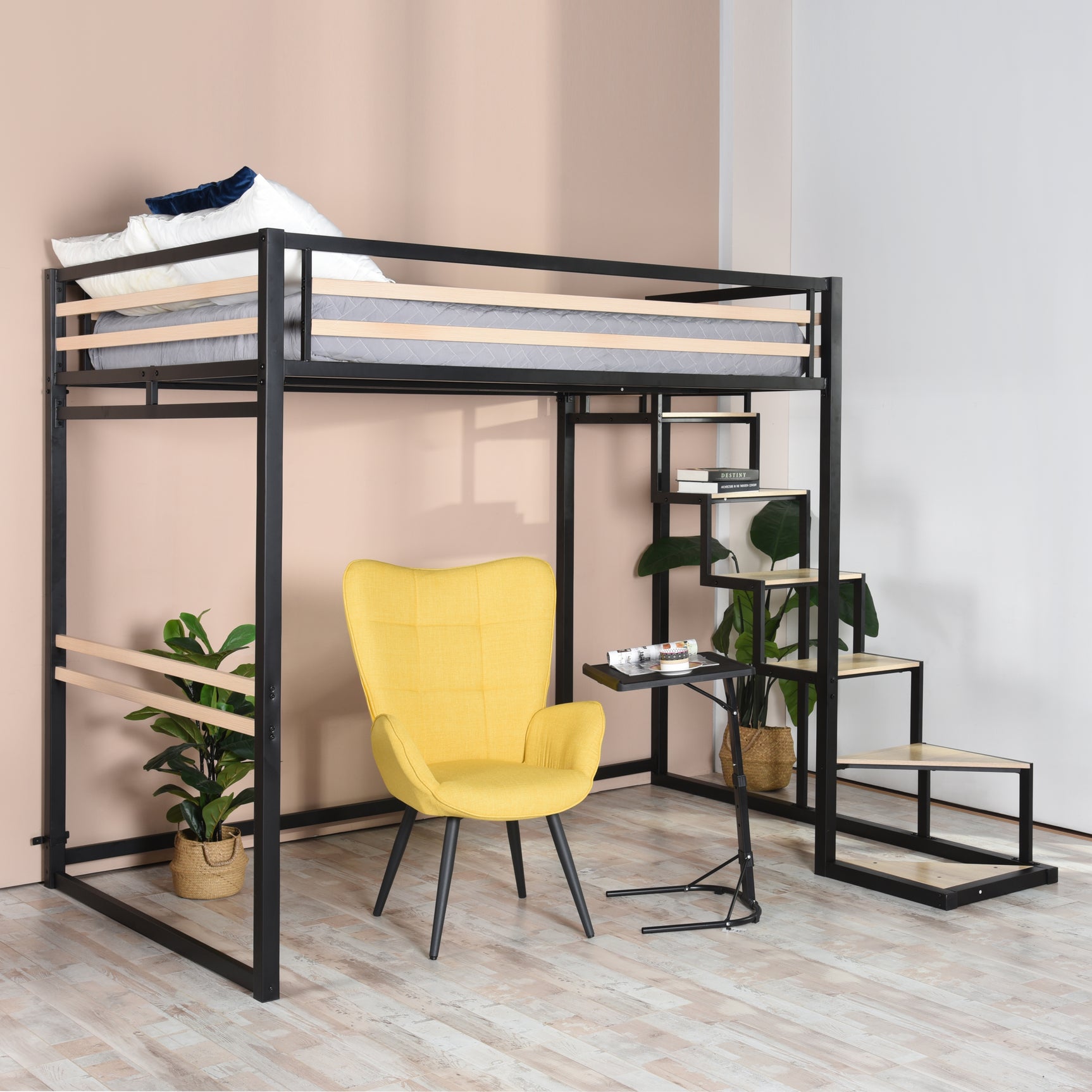 2-Sitzer-Mezzanine-Bett (140 x 200) mit Lattenrost im Industriestil aus Schwarz und Holz (Matratze nicht im Lieferumfang enthalten) – UP