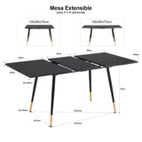 Table de salle à manger rétro style industriel, extensible en bois MDF noir pour 4 à 6 personnes, pieds en métal noir et doré, WHALEN DARK WOOD STRETCH TABLE BG