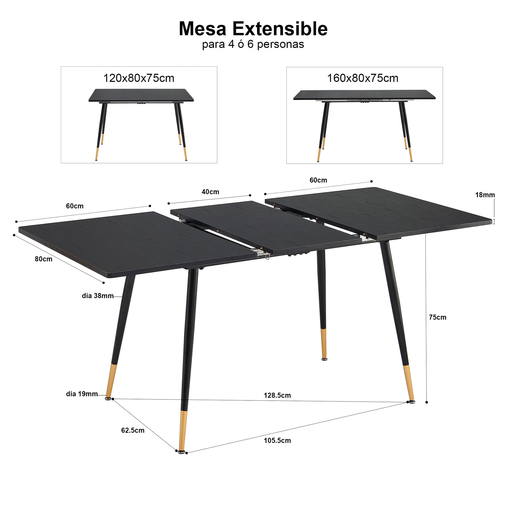 Retro industrial style dining room table, extendable in black MDF wood for 4 to 6 people, black and gold metal legs, WHALEN DARK WOOD STRETCH TABLE BG