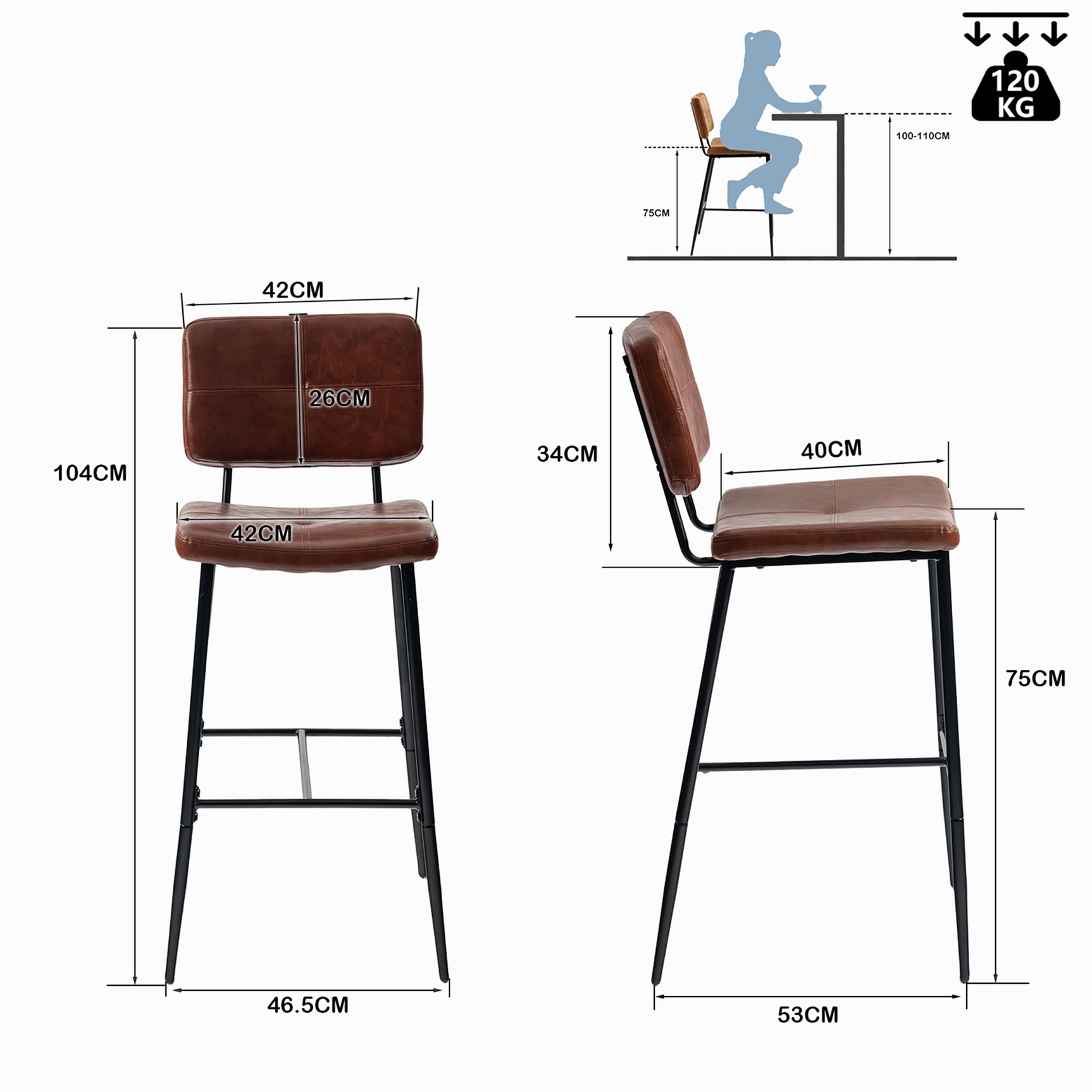 Lot de 6 tabourets de bar industriels avec dossier en cuir huilé brun  - POMONA BAR