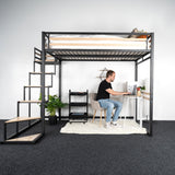 2-seater mezzanine bed (140x200) with slatted base in black and wood industrial style (mattress not included) - UP