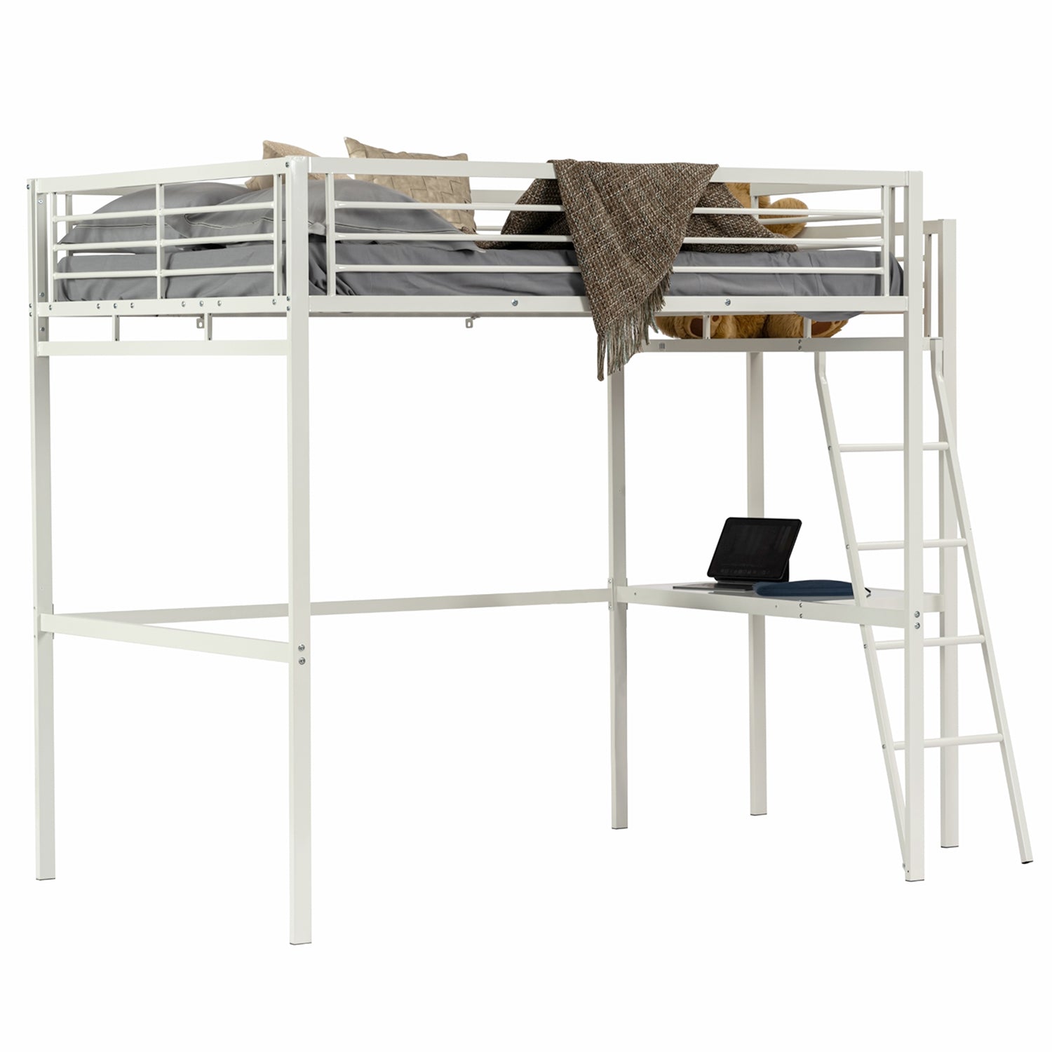 Lit mezzanine 2 places en métal blanc avec bureau intégré, couchage de 140x190cm (matelas non inclus) - LIONEL