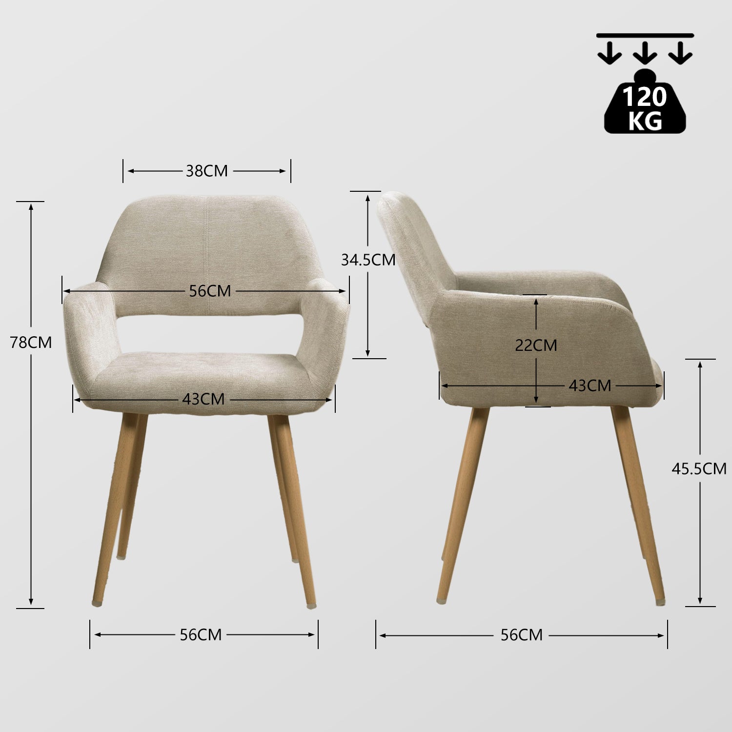 Set of 2 Scandinavian dining room armchairs with armrests in beige fabric - CROMWELL