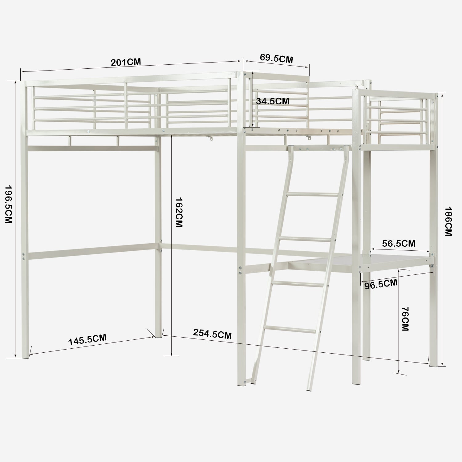 2-Sitzer-Mezzanine-Bett aus weißem Metall mit integriertem Schreibtisch, 140 x 190 cm großes Bett (Matratze nicht im Lieferumfang enthalten) – LIONEL