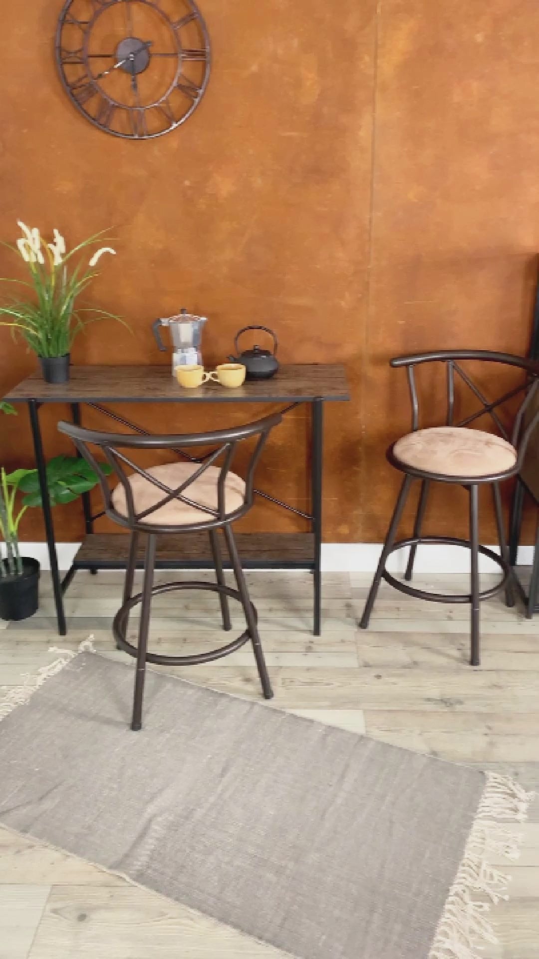 Juego de 4 taburetes de bar de cocina de estilo industrial con patas de metal negro, asiento 360° y reposapiés - HAILEY 24 INCH BROWN 4PCS