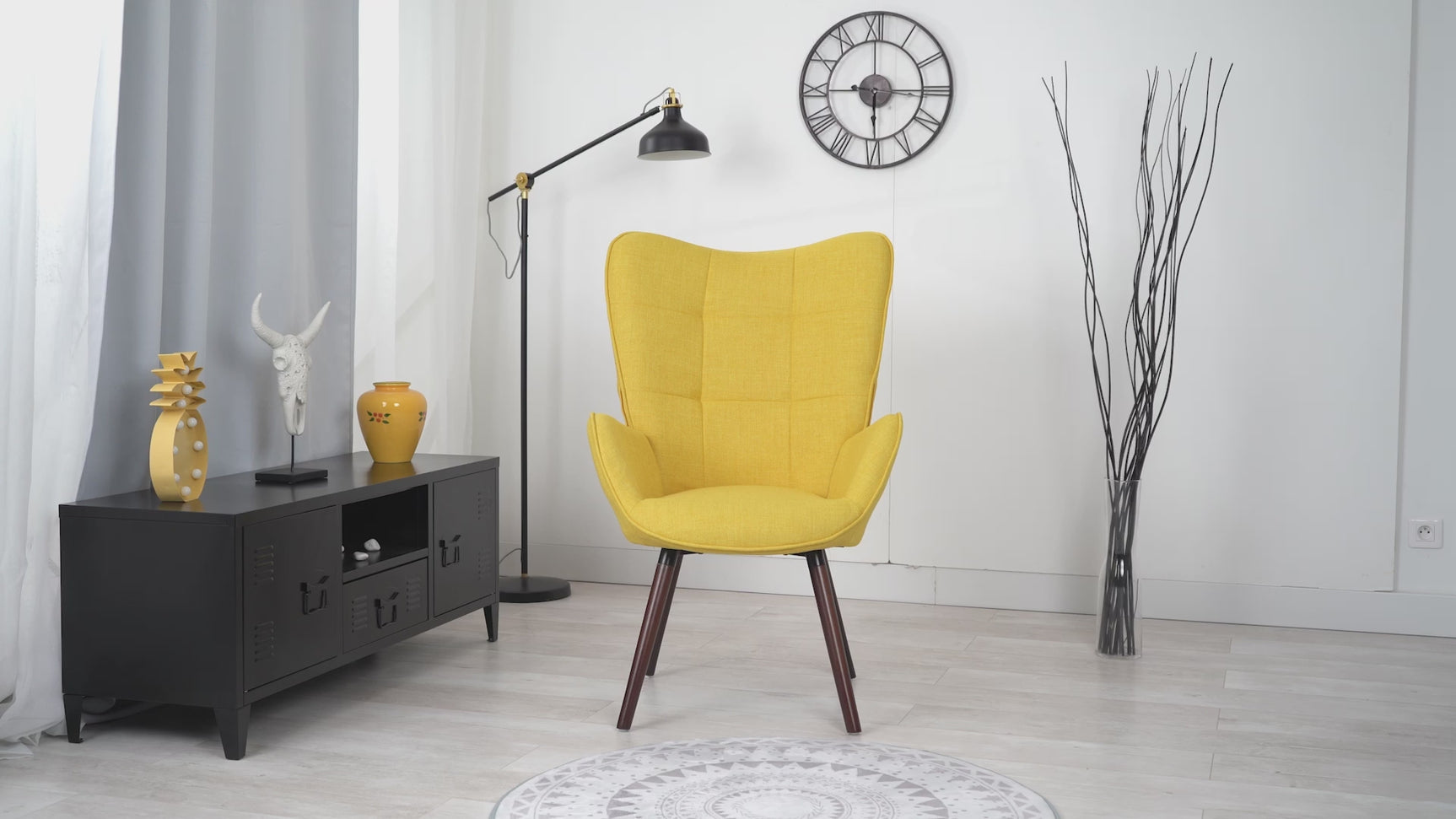 Sillón escandinavo acolchado con reposabrazos amarillos, patas de madera oscura - BOGDAN YELLOW DARK WOOD LEG