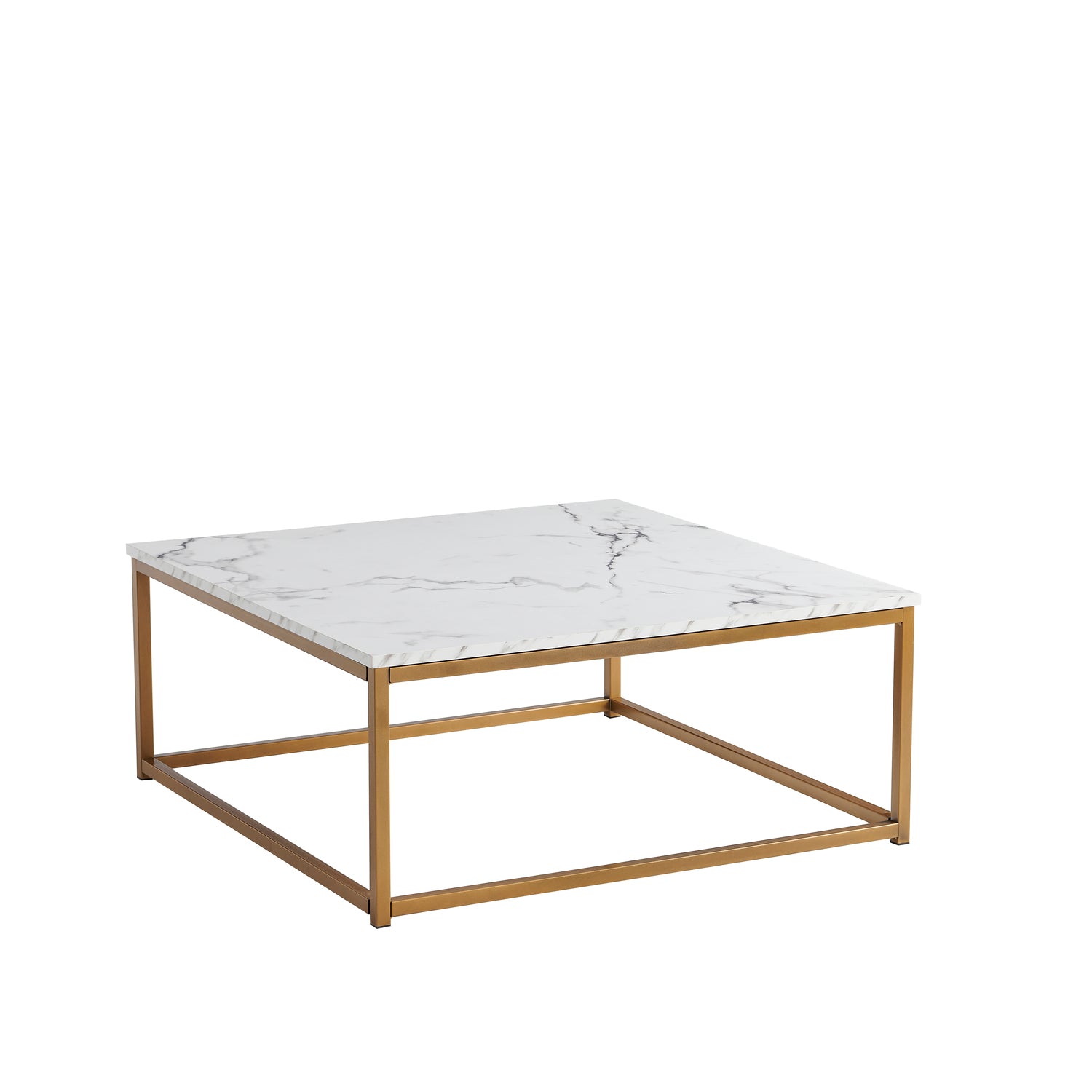 Retro industrial style square coffee table, marble effect wooden top, gold metal structure - FACTO SQUARE COFFEE TABLE MARBLE GOLD LEG