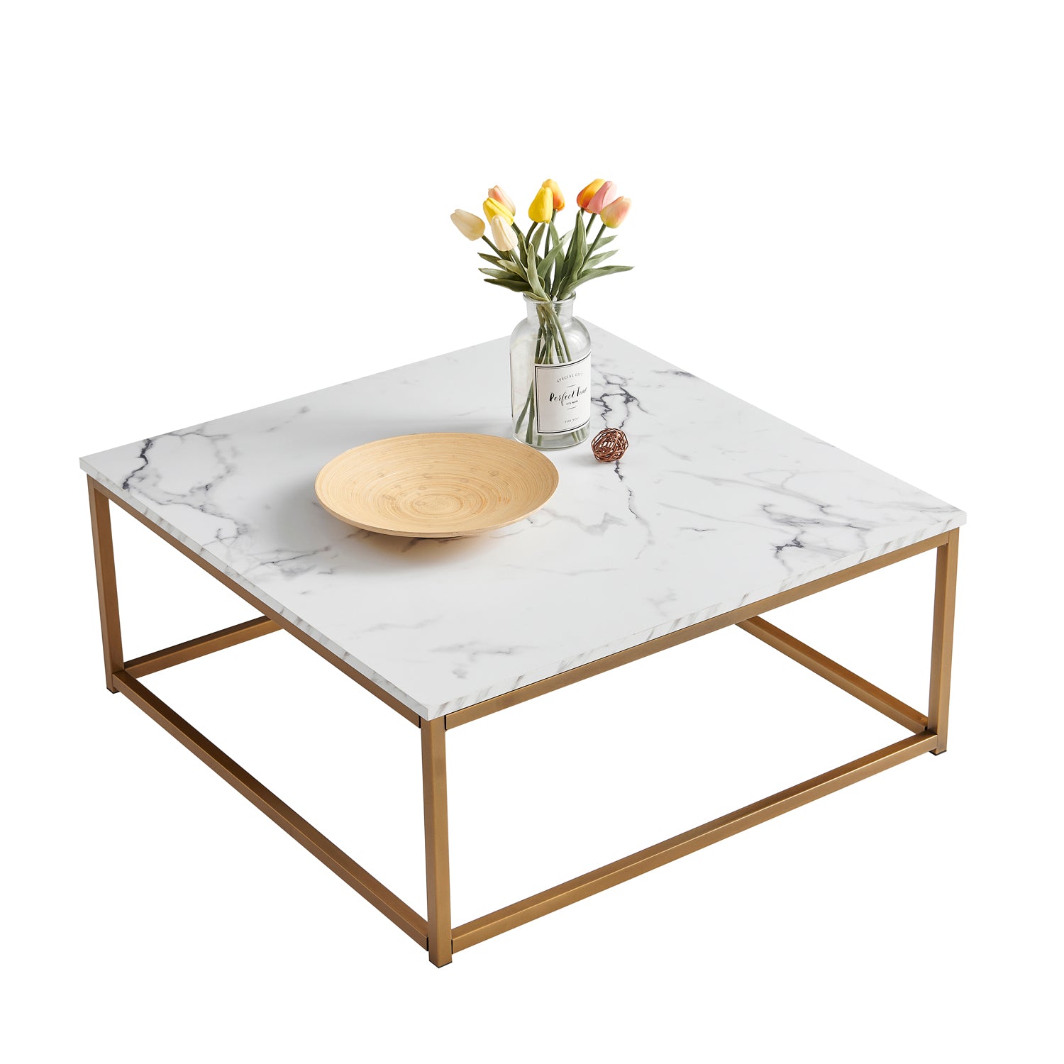 Retro industrial style square coffee table, marble effect wooden top, gold metal structure - FACTO SQUARE COFFEE TABLE MARBLE GOLD LEG