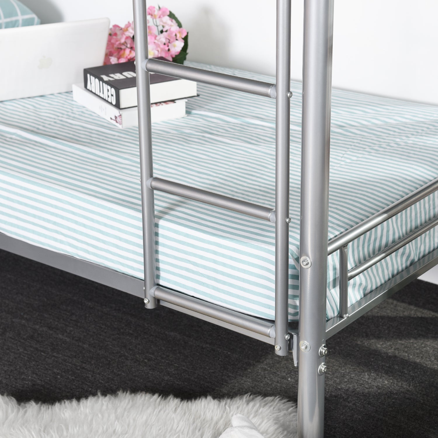 Lit superposé 2 places et 2 étages en métal argenté avec échelle 90x190cm (matelas non inclus) - TWIN