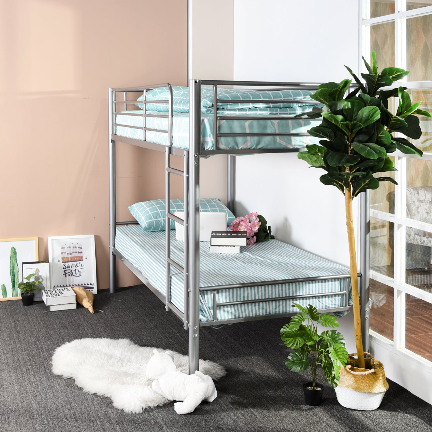 2-seater, 2-story bunk bed in silver metal with ladder 90x190cm (mattress not included) - TWIN