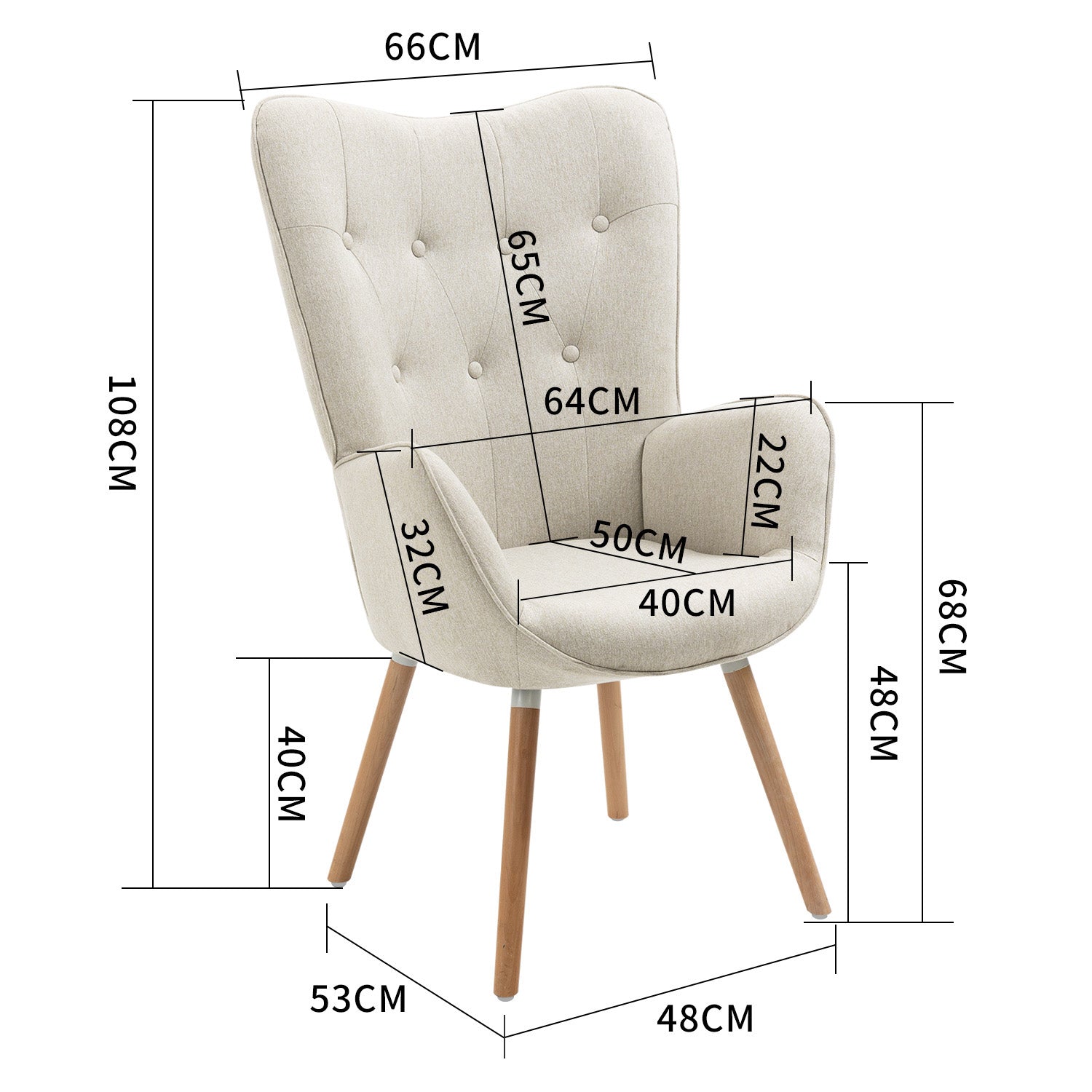 Scandinavian armchair with padded back, upholstered in beige fabric, solid wood legs - KAS FABRIC BEIGE NATURAL WOOD